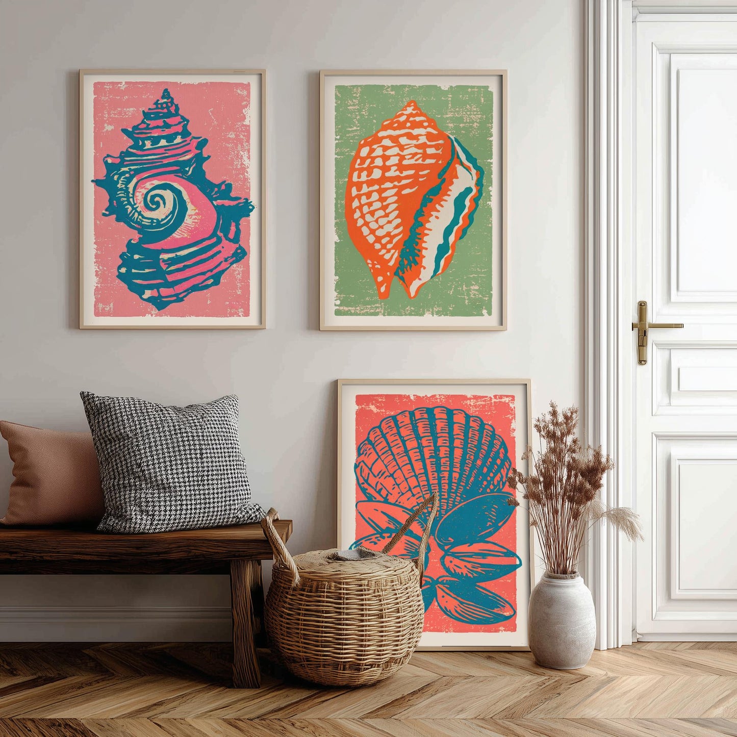 Set of Three Seashell Art Prints - Whelk, Conch, Scallop and Clams - Coral Sage Rose Linocut Posters - Coastal Illustration V2