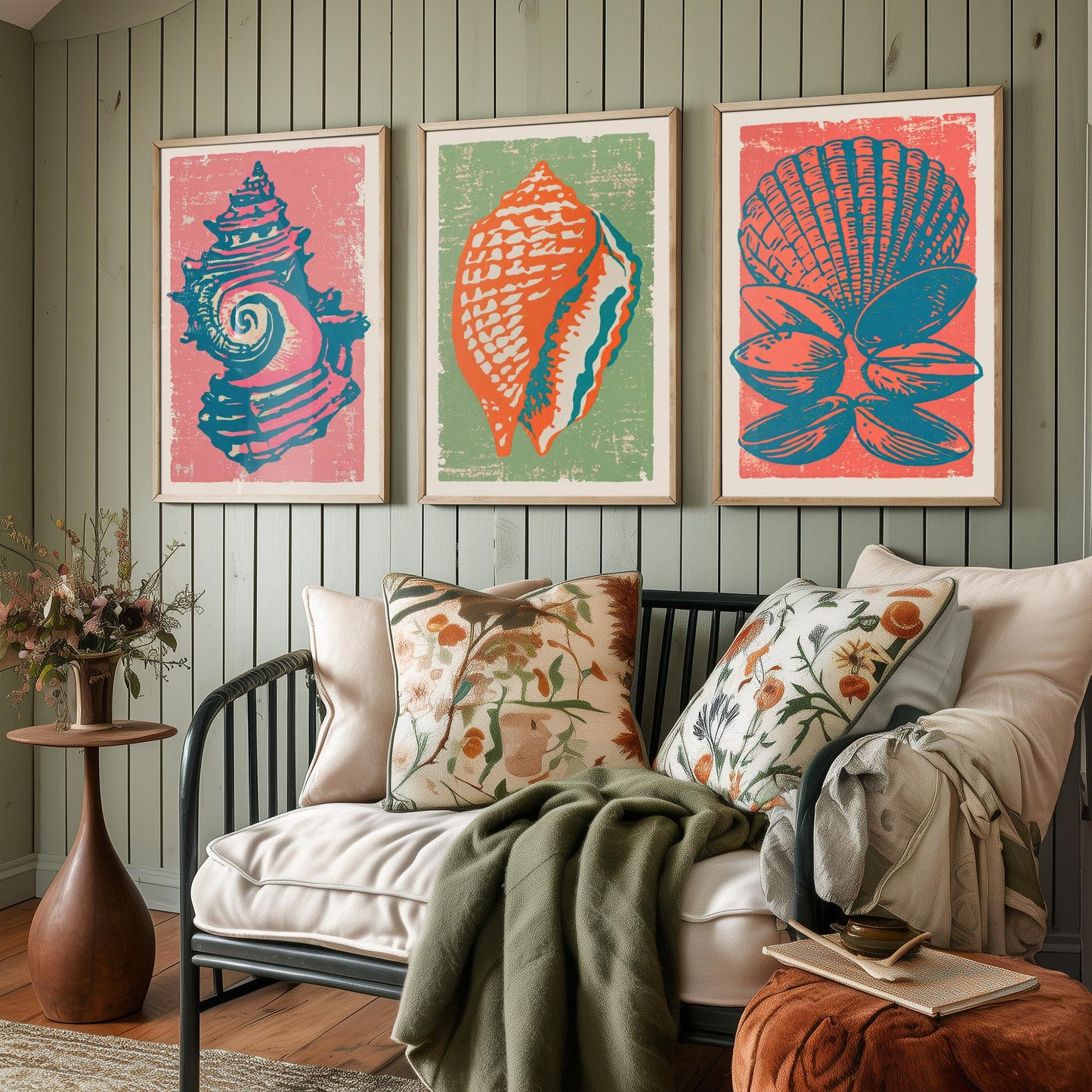 Set of Three Seashell Art Prints - Whelk, Conch, Scallop and Clams - Coral Sage Rose Linocut Posters - Coastal Illustration V2