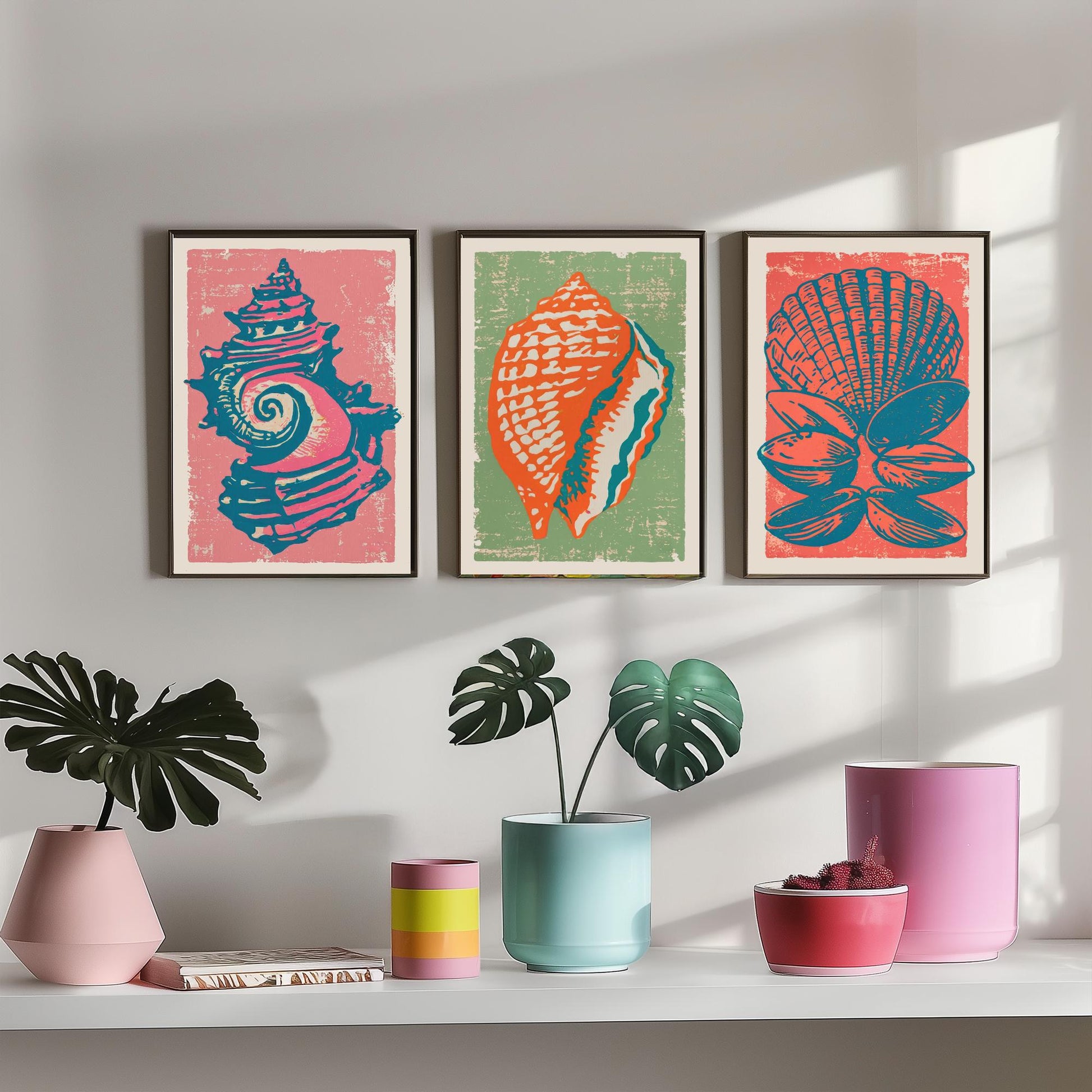 Set of Three Seashell Art Prints - Whelk, Conch, Scallop and Clams - Coral Sage Rose Linocut Posters - Coastal Illustration V2
