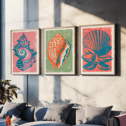 Set of Three Seashell Art Prints - Whelk, Conch, Scallop and Clams - Coral Sage Rose Linocut Posters - Coastal Illustration V2