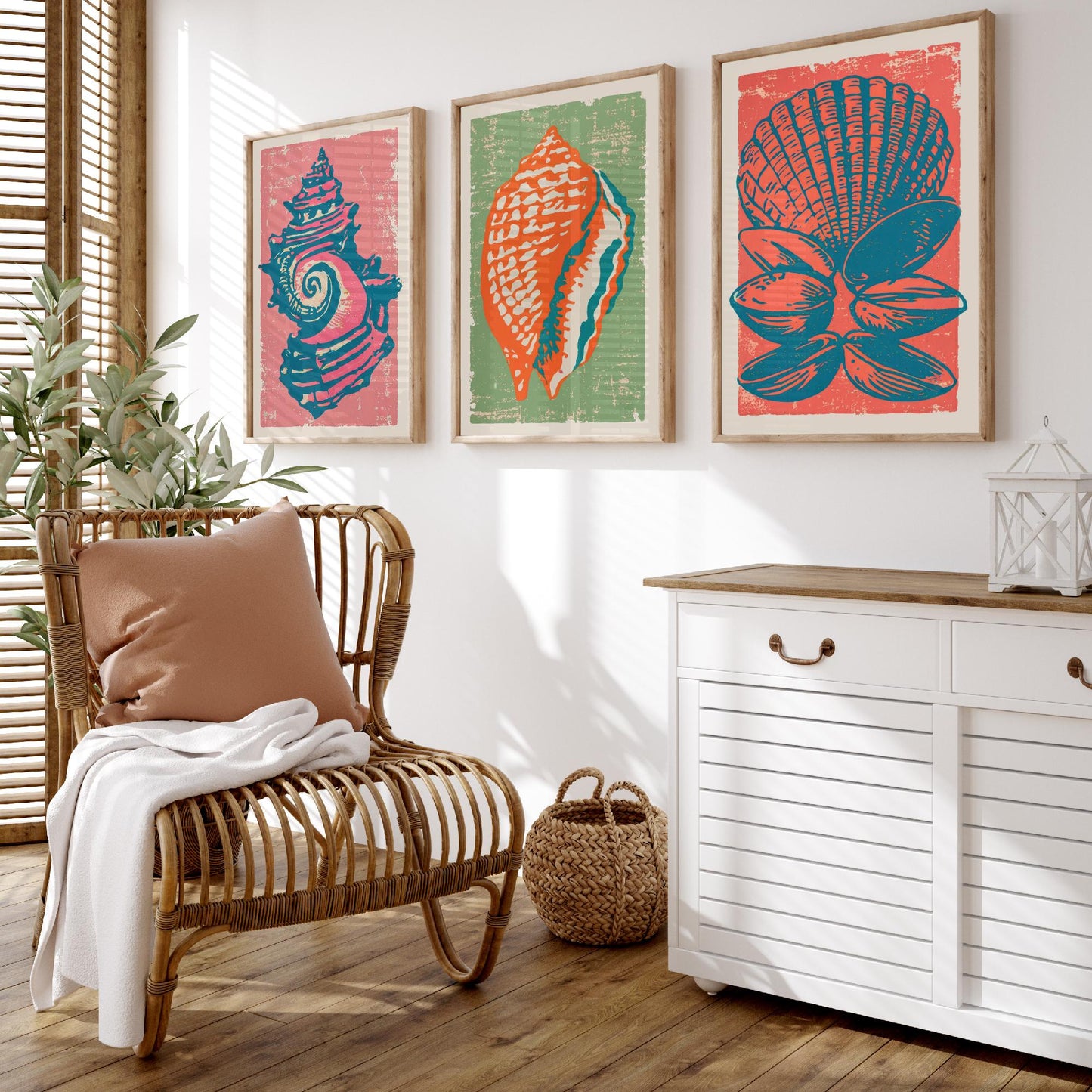 Set of Three Seashell Art Prints - Whelk, Conch, Scallop and Clams - Coral Sage Rose Linocut Posters - Coastal Illustration V2