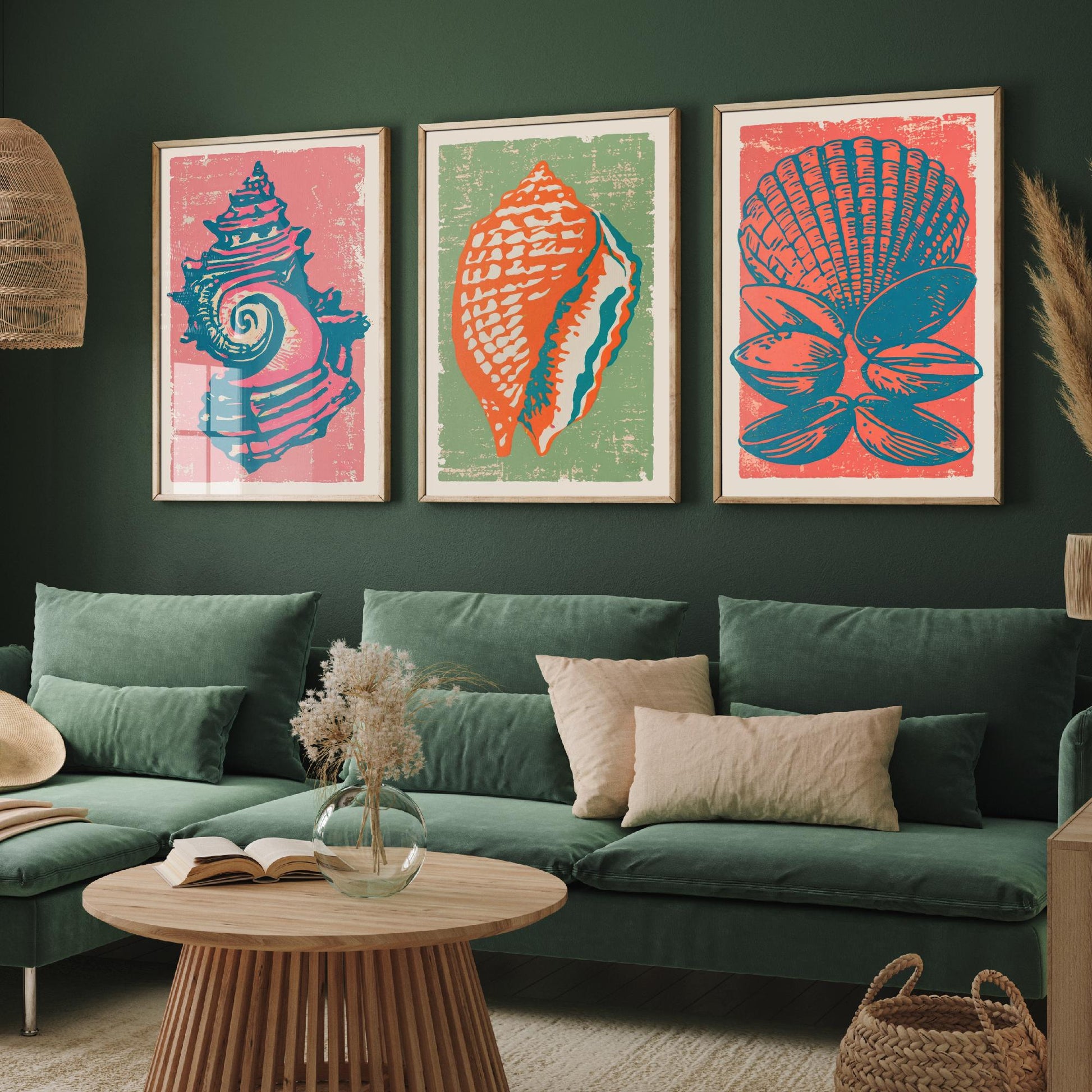 Set of Three Seashell Art Prints - Whelk, Conch, Scallop and Clams - Coral Sage Rose Linocut Posters - Coastal Illustration V2