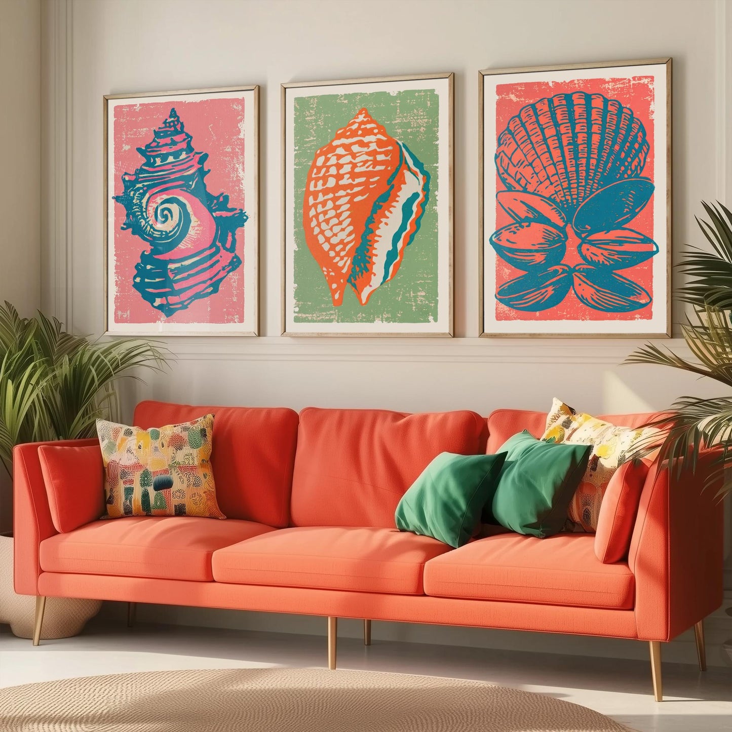Set of Three Seashell Art Prints - Whelk, Conch, Scallop and Clams - Coral Sage Rose Linocut Posters - Coastal Illustration V2