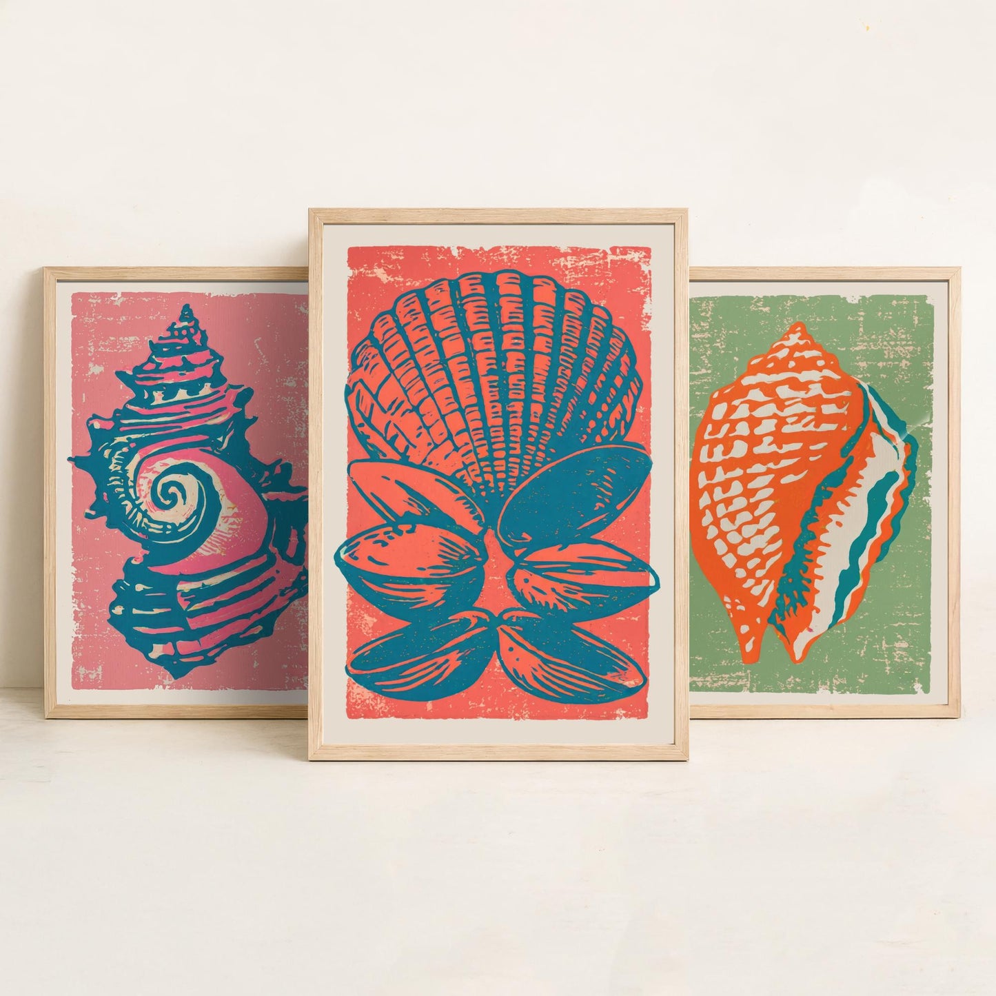 Set of Three Seashell Art Prints - Whelk, Conch, Scallop and Clams - Coral Sage Rose Linocut Posters - Coastal Illustration V2