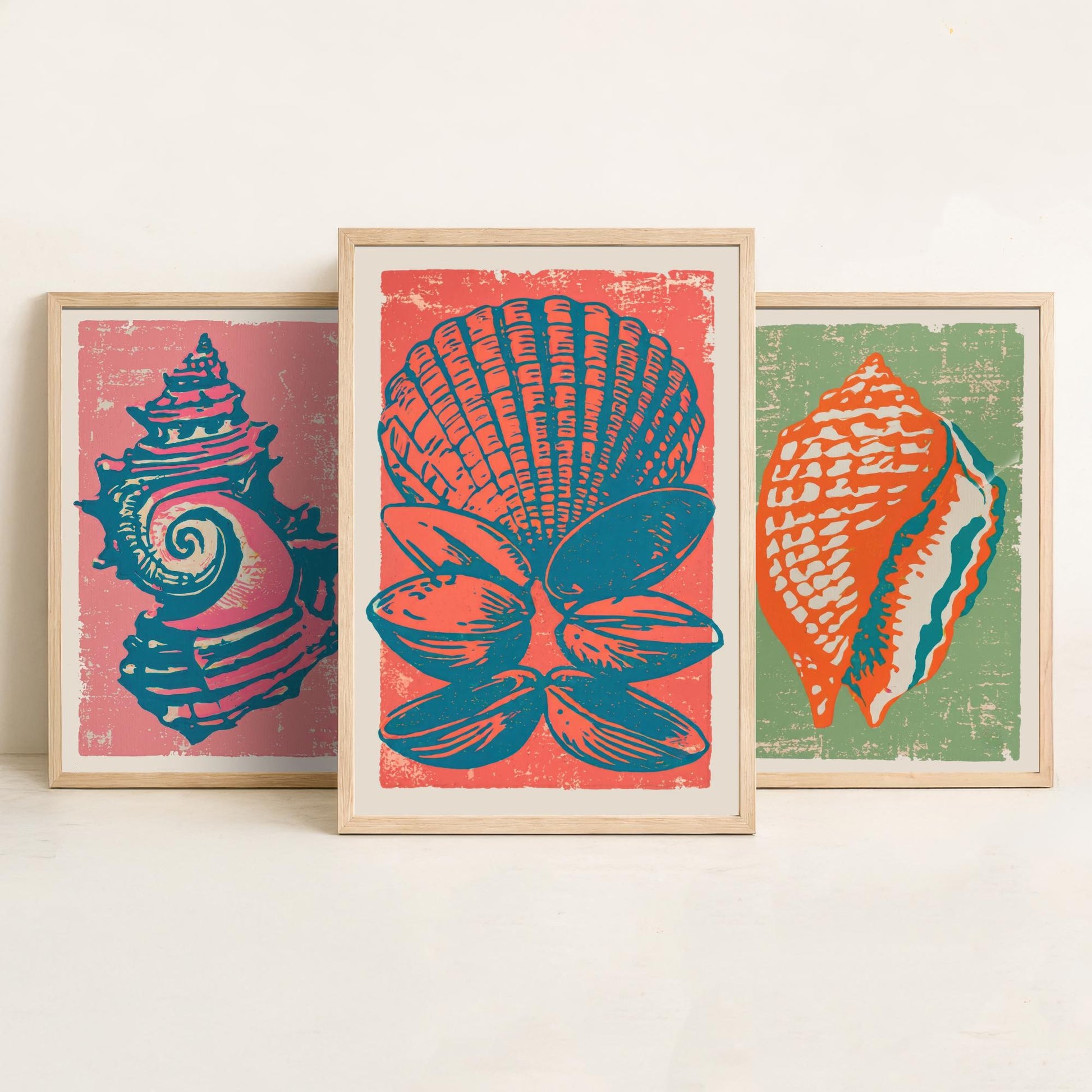 Set of Three Seashell Art Prints - Whelk, Conch, Scallop and Clams - Coral Sage Rose Linocut Posters - Coastal Illustration V2