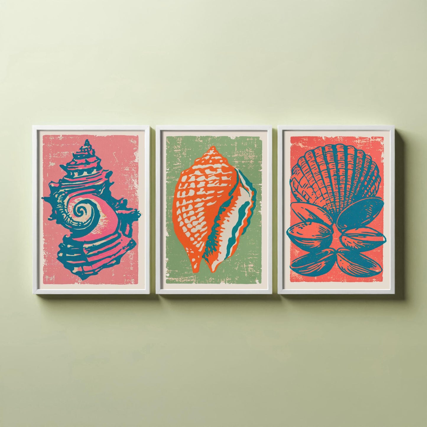 Set of Three Seashell Art Prints - Whelk, Conch, Scallop and Clams - Coral Sage Rose Linocut Posters - Coastal Illustration V2
