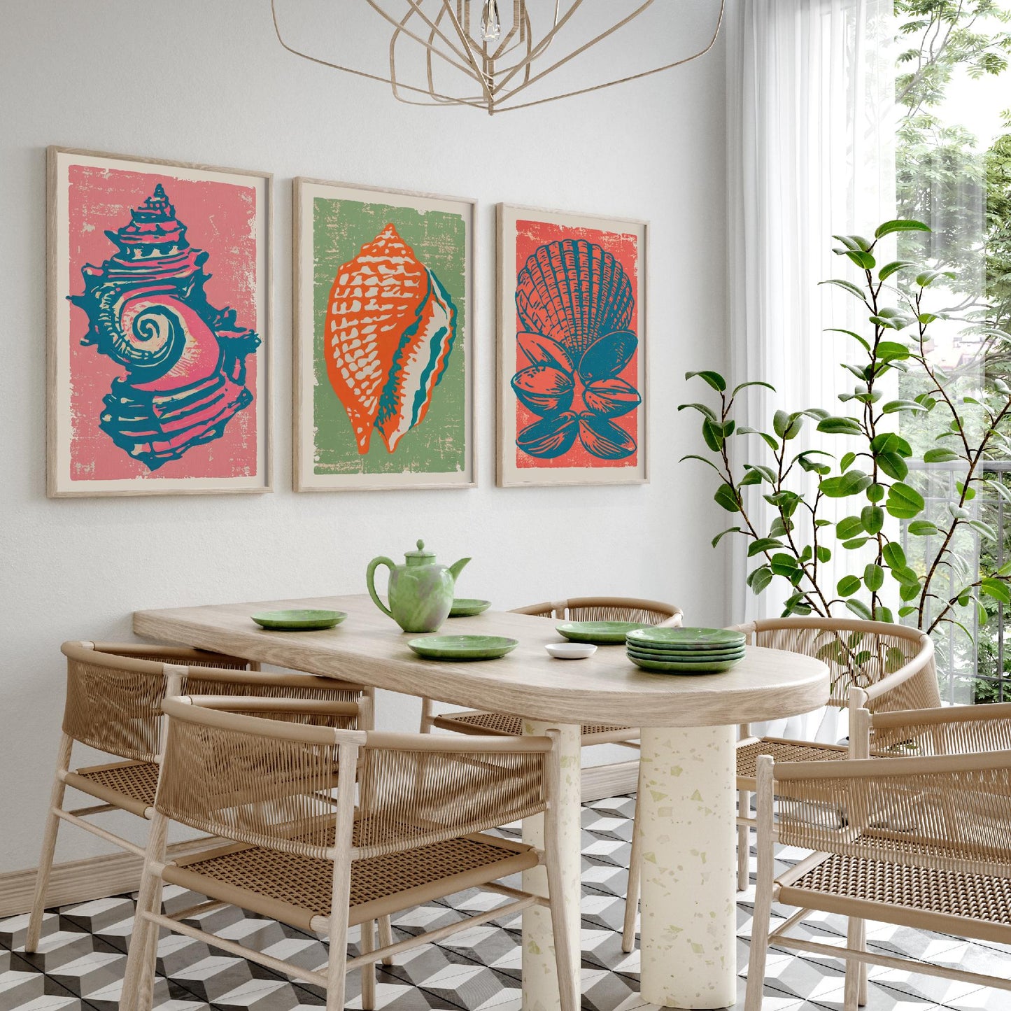 Set of Three Seashell Art Prints - Whelk, Conch, Scallop and Clams - Coral Sage Rose Linocut Posters - Coastal Illustration V2