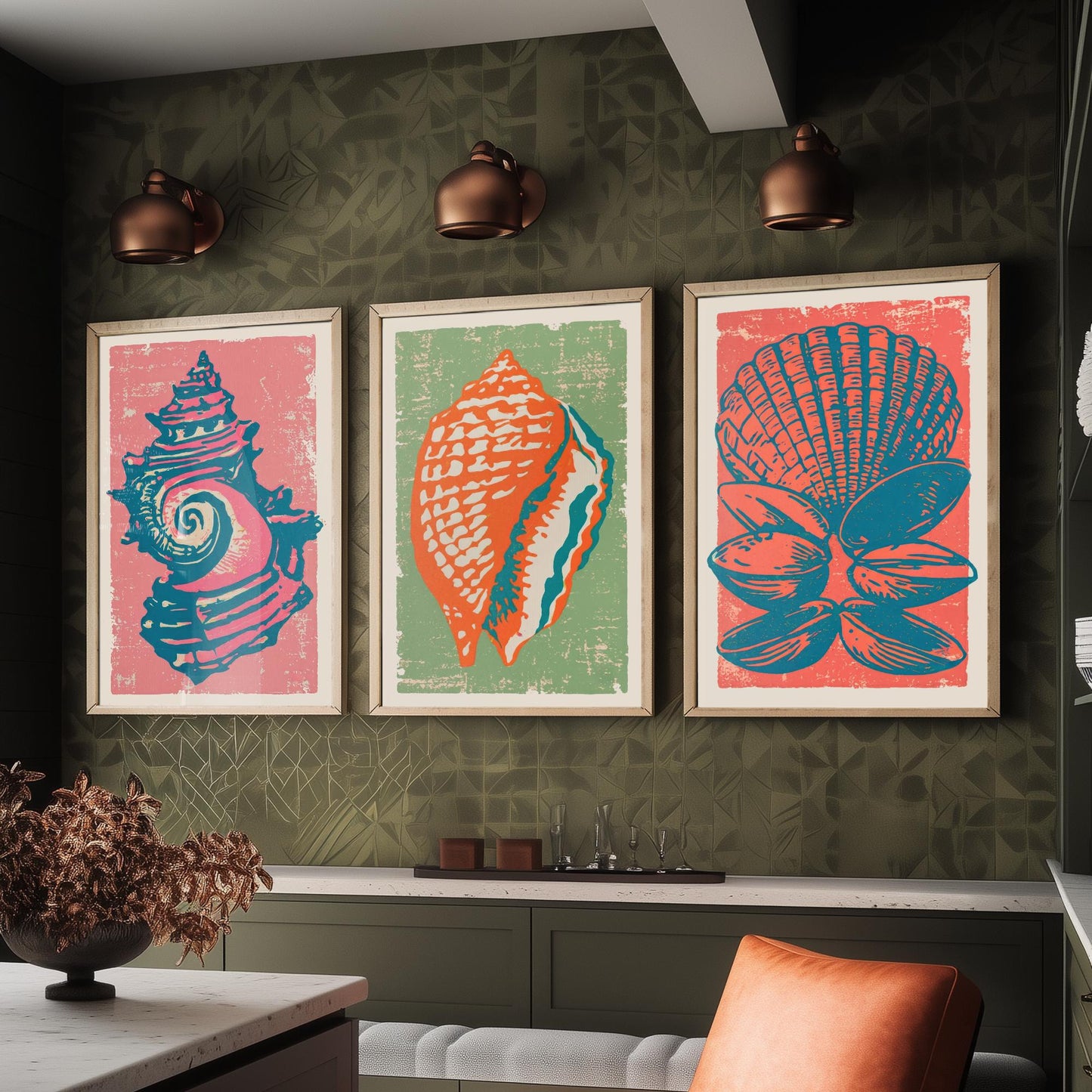 Set of Three Seashell Art Prints - Whelk, Conch, Scallop and Clams - Coral Sage Rose Linocut Posters - Coastal Illustration V2