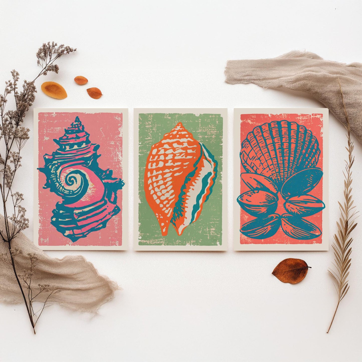 Set of Three Seashell Art Prints - Whelk, Conch, Scallop and Clams - Coral Sage Rose Linocut Posters - Coastal Illustration V2