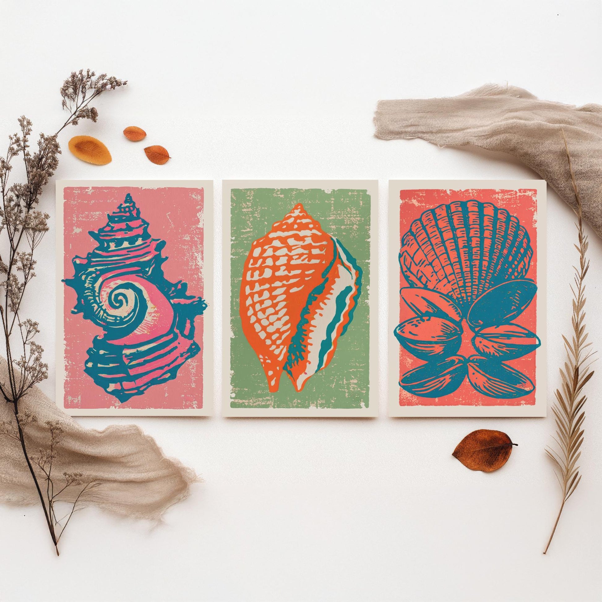 Set of Three Seashell Art Prints - Whelk, Conch, Scallop and Clams - Coral Sage Rose Linocut Posters - Coastal Illustration V2