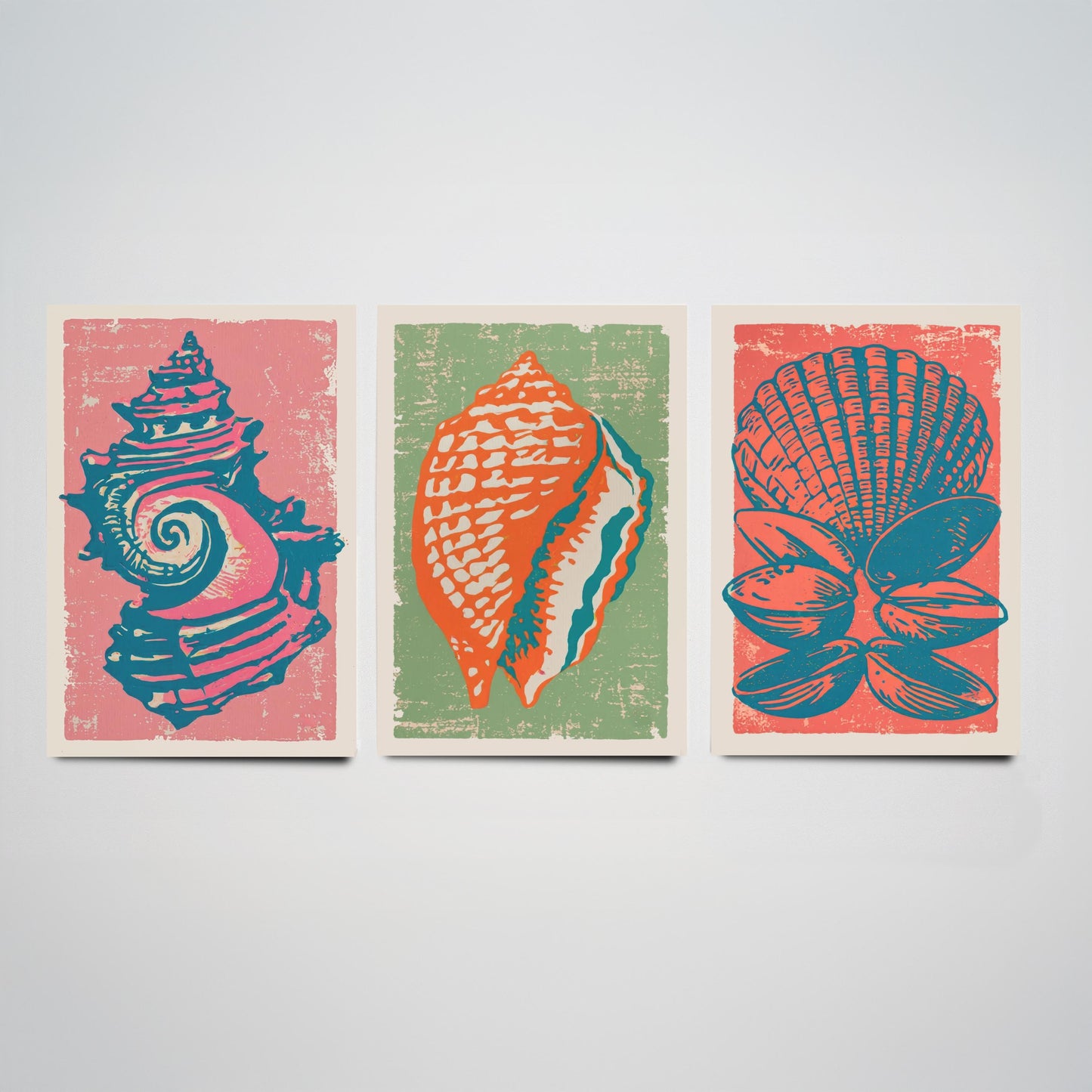Set of Three Seashell Art Prints - Whelk, Conch, Scallop and Clams - Coral Sage Rose Linocut Posters - Coastal Illustration V2