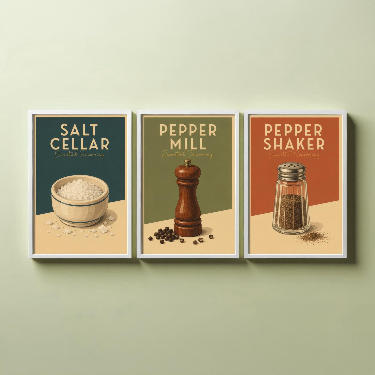Vintage Seasoning Set of Three Kitchen Art Prints - Salt Cellar, Pepper Mill, Pepper Shaker - Retro Poster Illustration Gift