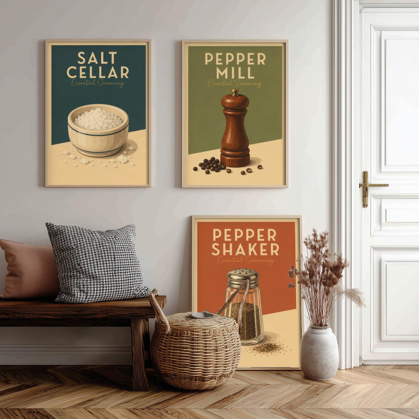 Vintage Seasoning Set of Three Kitchen Art Prints - Salt Cellar, Pepper Mill, Pepper Shaker - Retro Poster Illustration Gift
