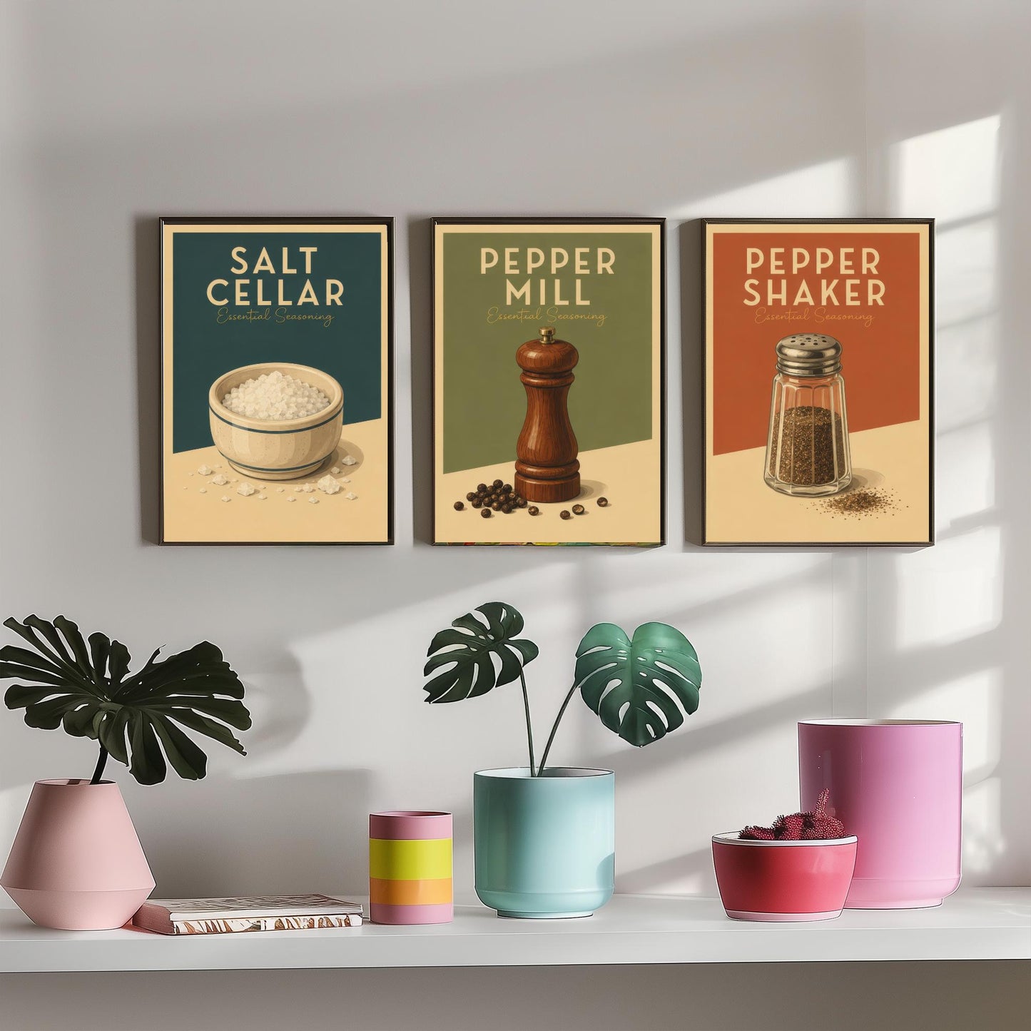 Vintage Seasoning Set of Three Kitchen Art Prints - Salt Cellar, Pepper Mill, Pepper Shaker - Retro Poster Illustration Gift