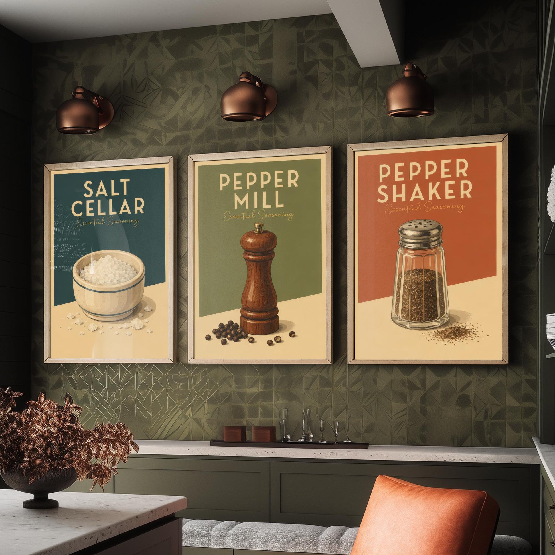Vintage Seasoning Set of Three Kitchen Art Prints - Salt Cellar, Pepper Mill, Pepper Shaker - Retro Poster Illustration Gift