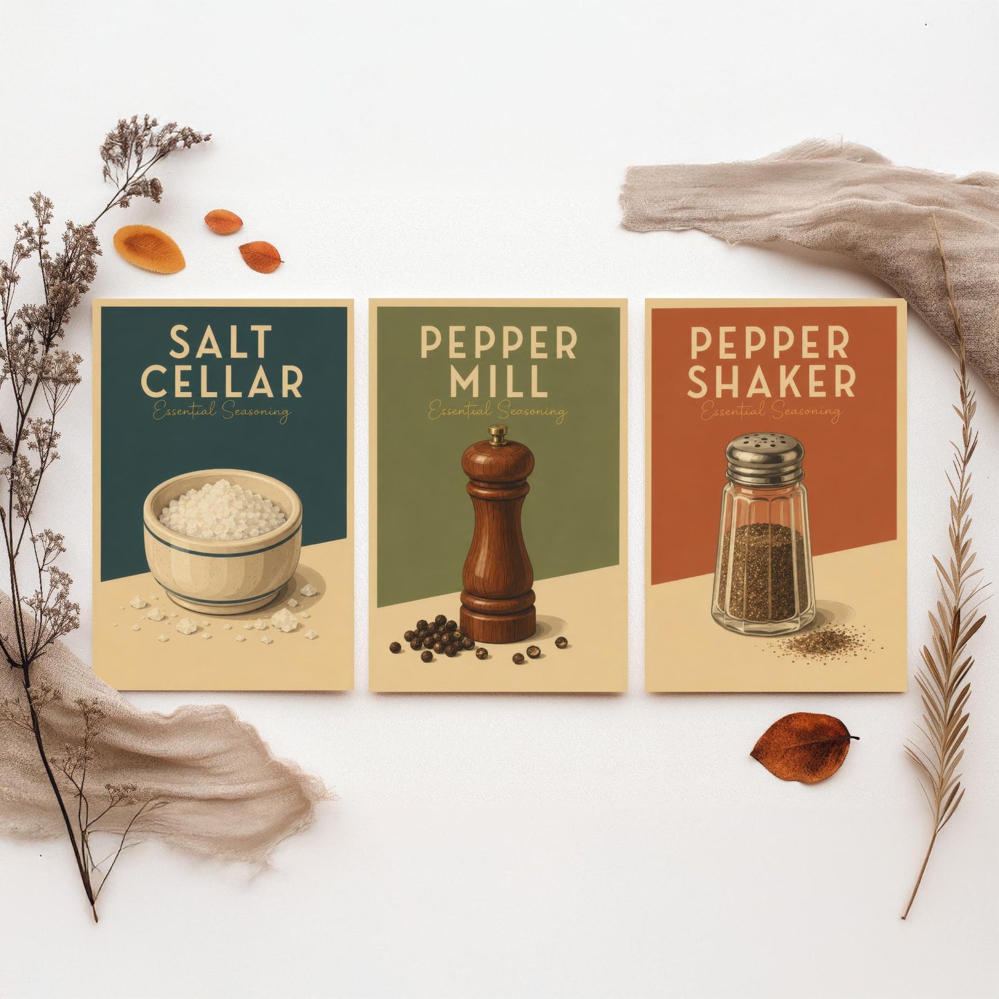 Vintage Seasoning Set of Three Kitchen Art Prints - Salt Cellar, Pepper Mill, Pepper Shaker - Retro Poster Illustration Gift