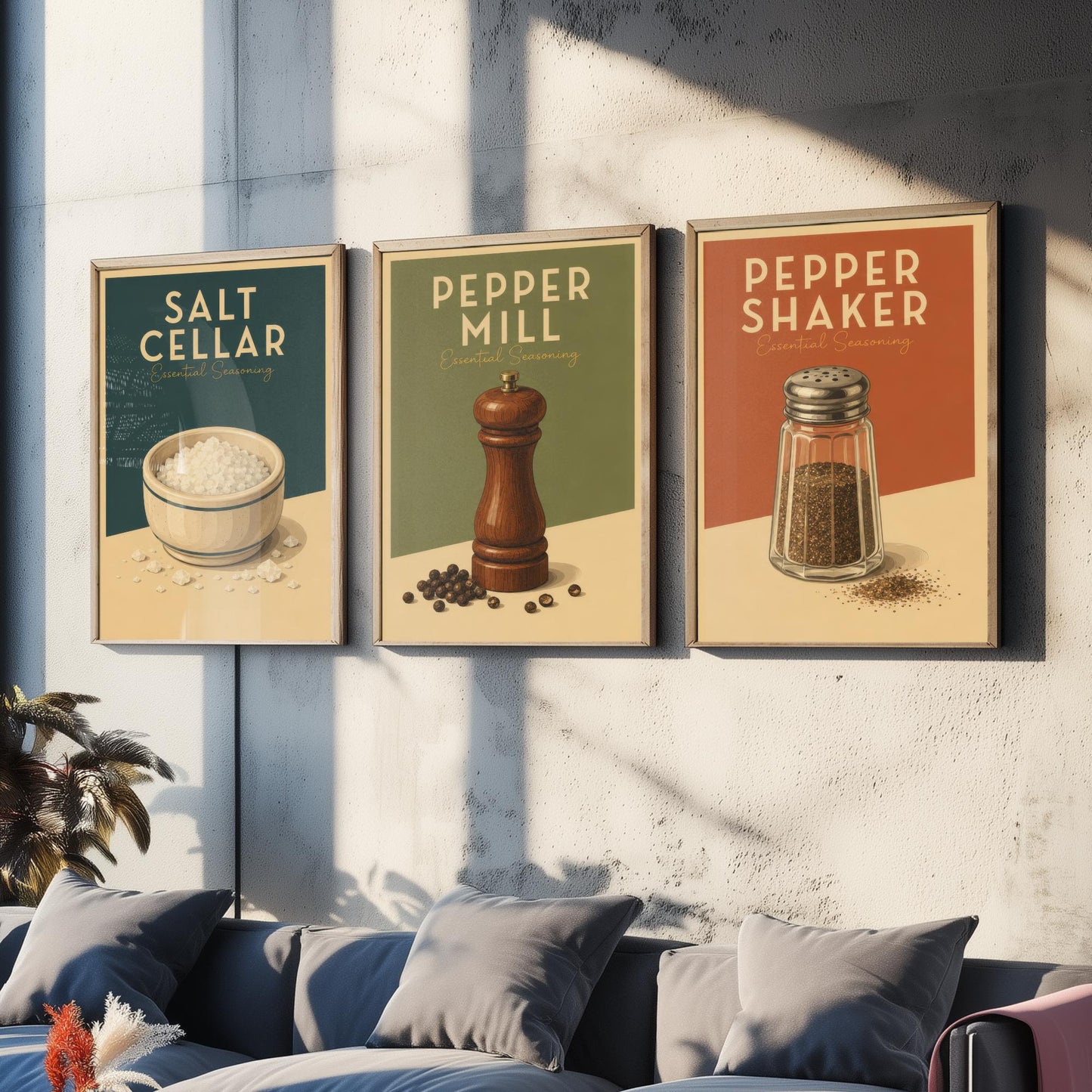 Vintage Seasoning Set of Three Kitchen Art Prints - Salt Cellar, Pepper Mill, Pepper Shaker - Retro Poster Illustration Gift