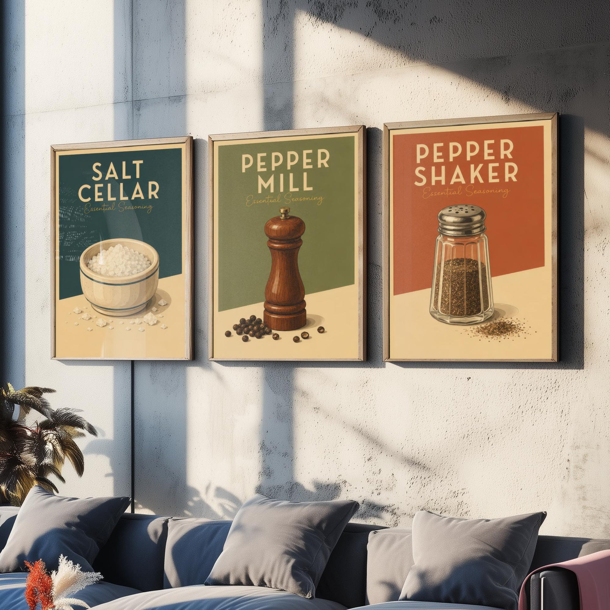 Vintage Seasoning Set of Three Kitchen Art Prints - Salt Cellar, Pepper Mill, Pepper Shaker - Retro Poster Illustration Gift