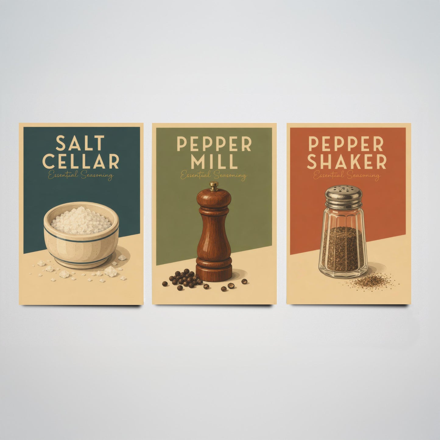 Vintage Seasoning Set of Three Kitchen Art Prints - Salt Cellar, Pepper Mill, Pepper Shaker - Retro Poster Illustration Gift