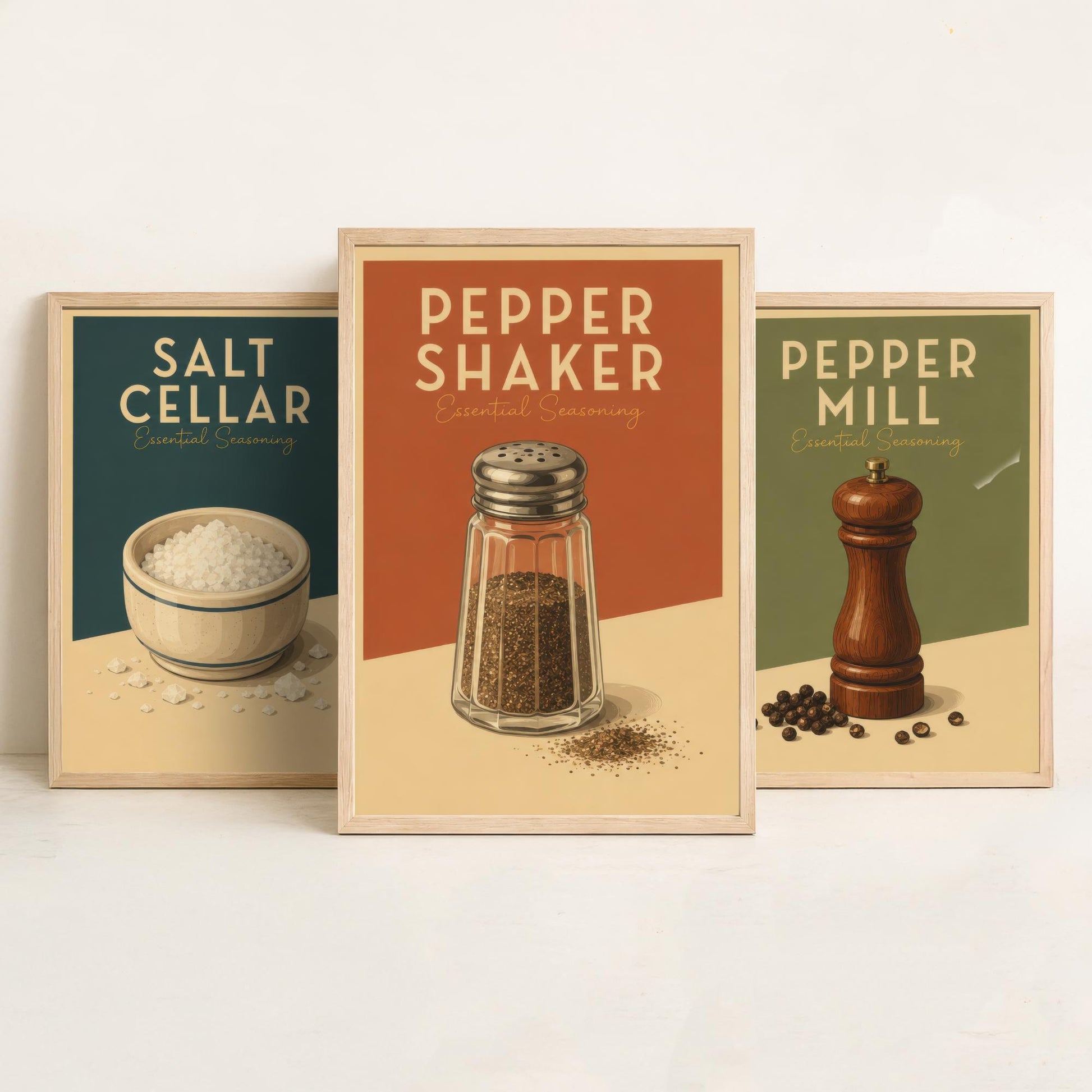 Vintage Seasoning Set of Three Kitchen Art Prints - Salt Cellar, Pepper Mill, Pepper Shaker - Retro Poster Illustration Gift