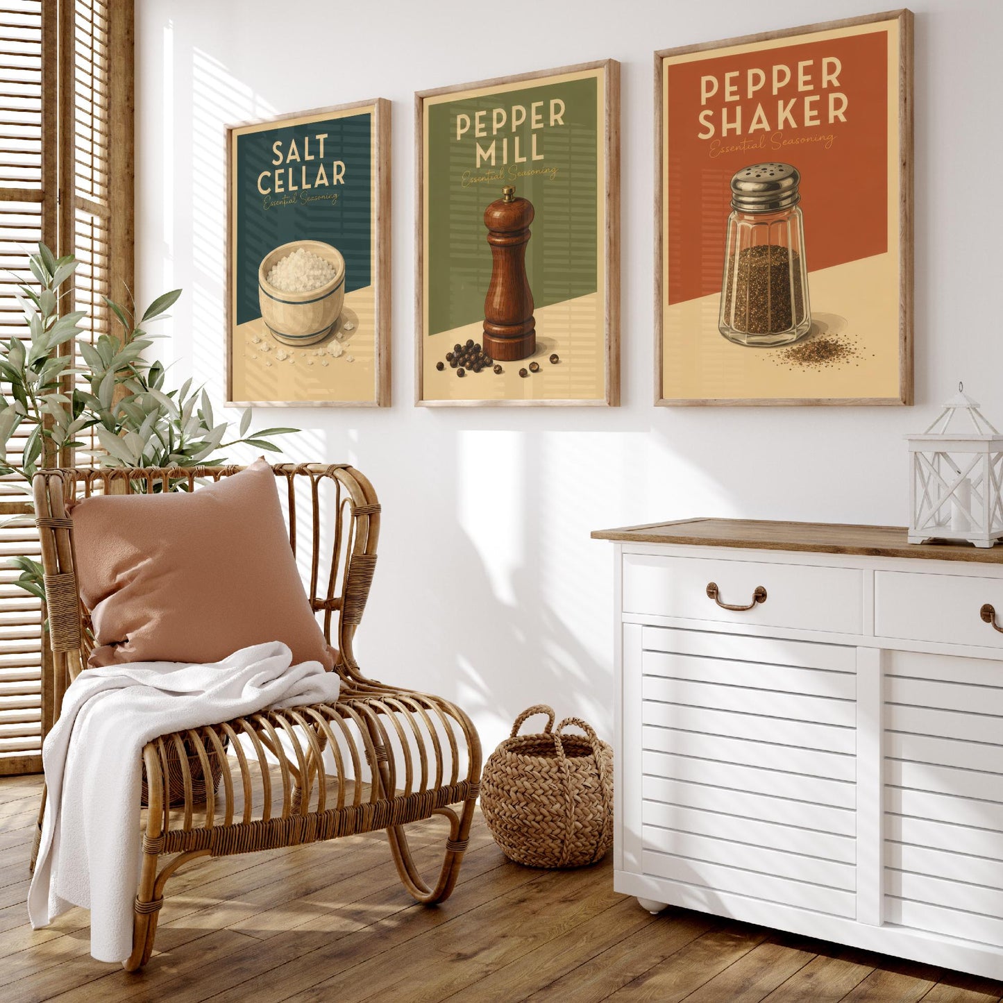 Vintage Seasoning Set of Three Kitchen Art Prints - Salt Cellar, Pepper Mill, Pepper Shaker - Retro Poster Illustration Gift