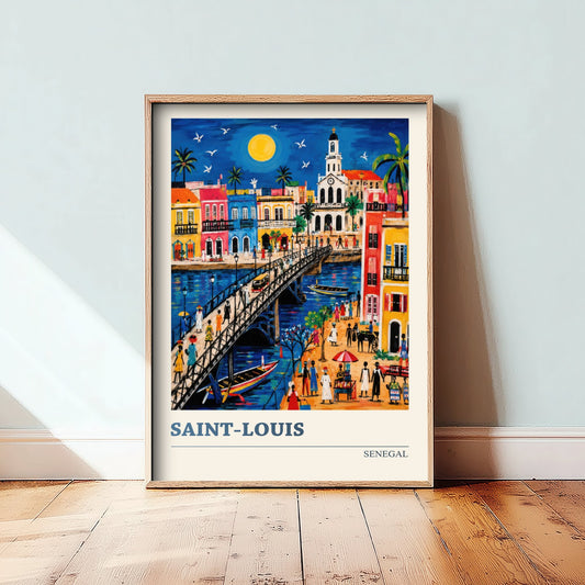 Saint-Louis Senegal Travel Poster - Colourful River City Art Print - Faidherbe Bridge Folk Art Illustration 1/3