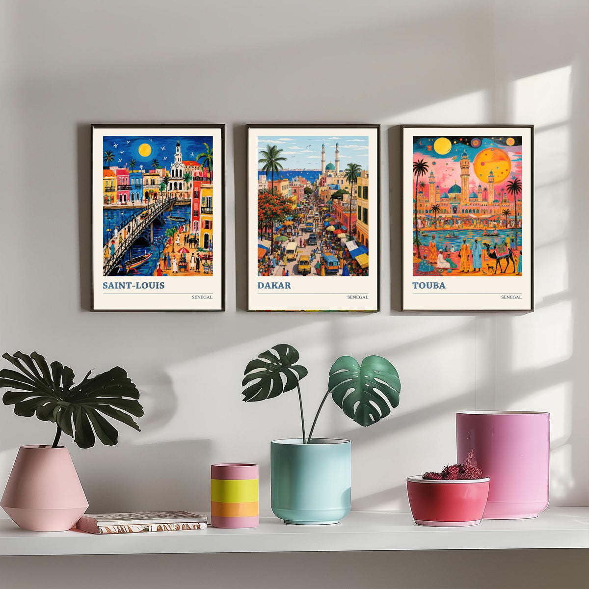 Senegal West Africa Set of Three Art Prints | Saint-Louis Dakar Touba | Vibrant Folk Art Travel Poster Painting Map