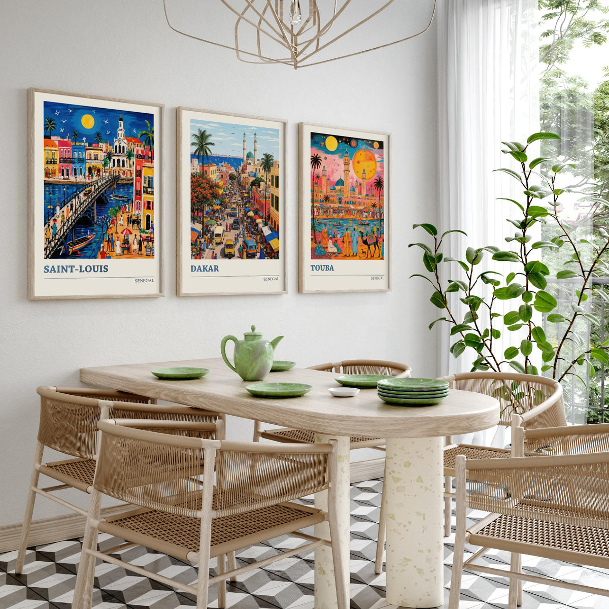 Senegal West Africa Set of Three Art Prints | Saint-Louis Dakar Touba | Vibrant Folk Art Travel Poster Painting Map