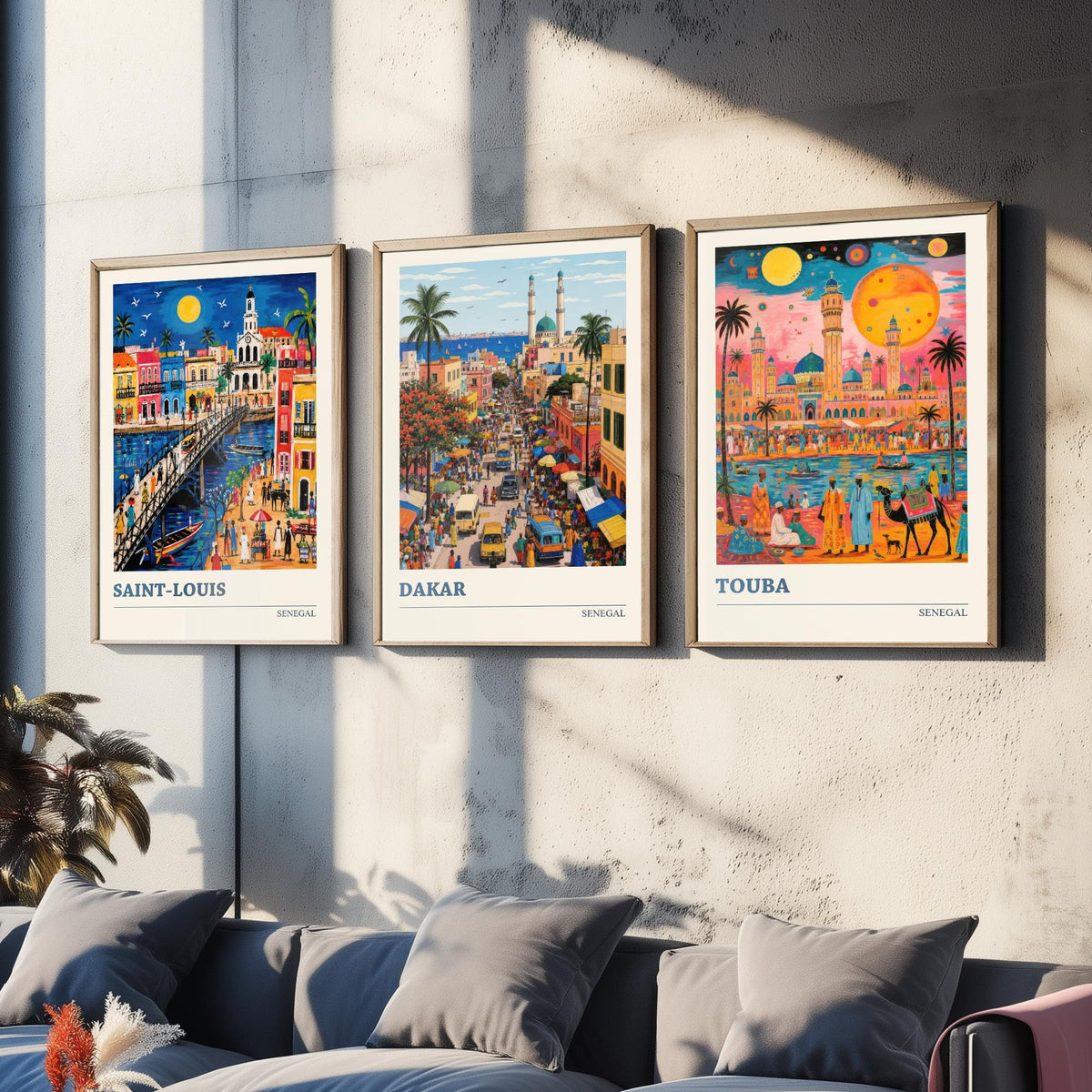 Senegal West Africa Set of Three Art Prints | Saint-Louis Dakar Touba | Vibrant Folk Art Travel Poster Painting Map