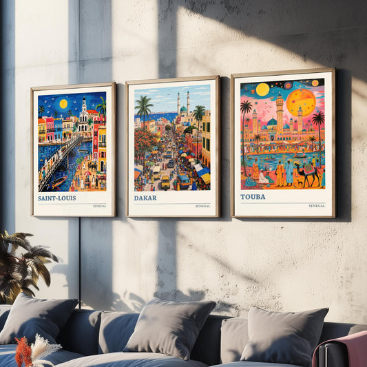 Senegal West Africa Set of Three Art Prints | Saint-Louis Dakar Touba | Vibrant Folk Art Travel Poster Painting Map