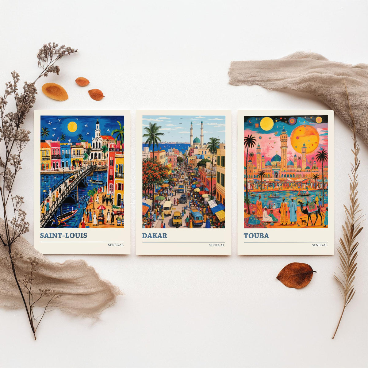 Senegal West Africa Set of Three Art Prints | Saint-Louis Dakar Touba | Vibrant Folk Art Travel Poster Painting Map
