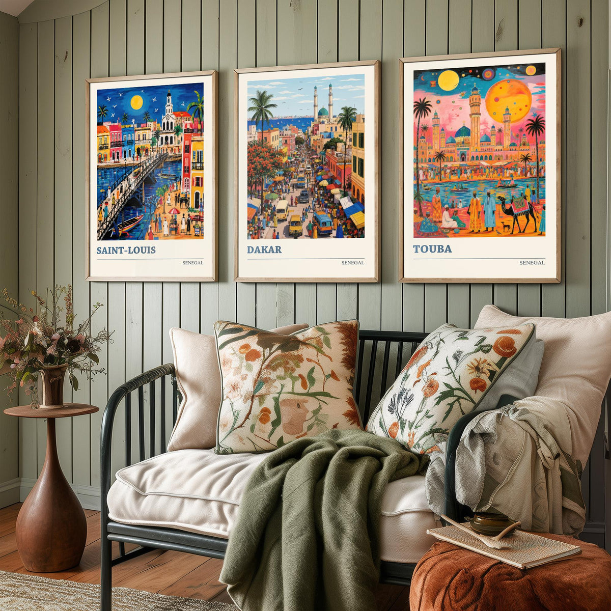 Senegal West Africa Set of Three Art Prints | Saint-Louis Dakar Touba | Vibrant Folk Art Travel Poster Painting Map