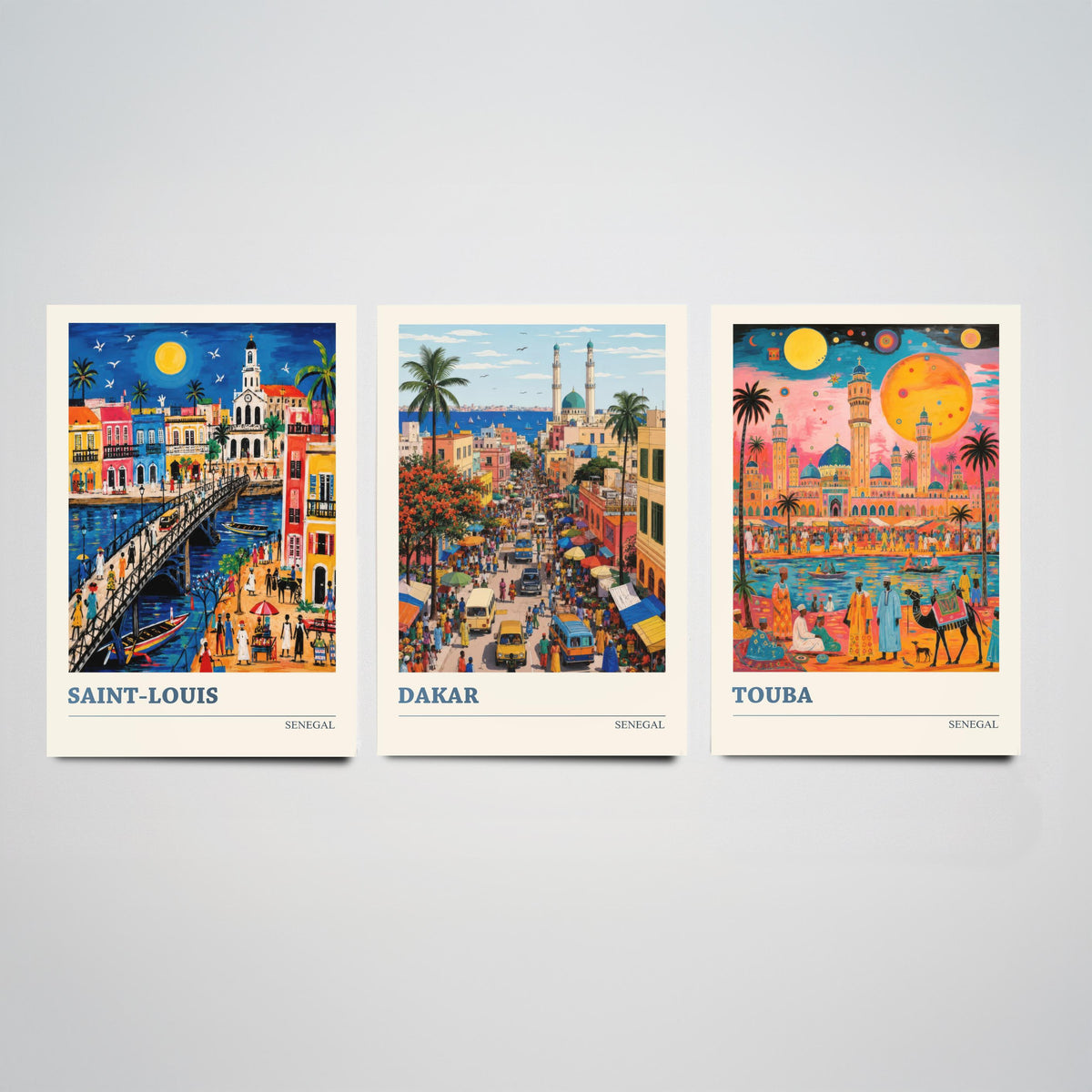 Senegal West Africa Set of Three Art Prints | Saint-Louis Dakar Touba | Vibrant Folk Art Travel Poster Painting Map