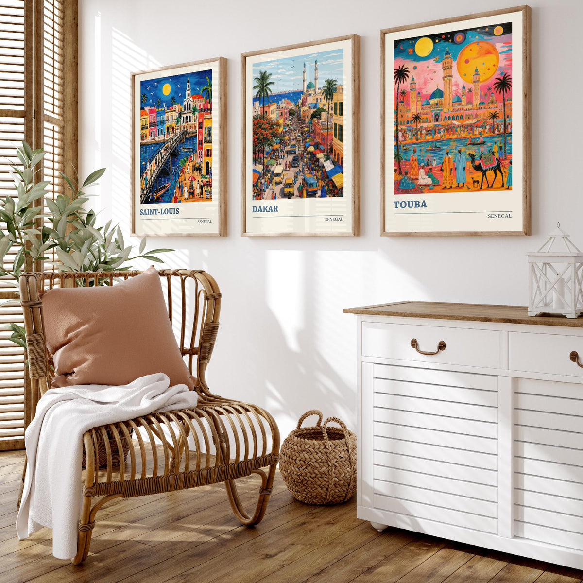 Senegal West Africa Set of Three Art Prints | Saint-Louis Dakar Touba | Vibrant Folk Art Travel Poster Painting Map