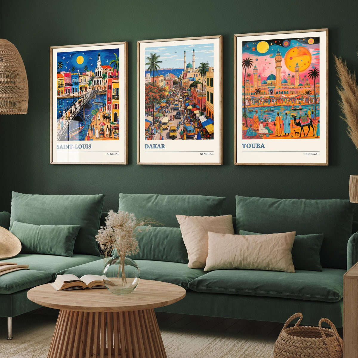Senegal West Africa Set of Three Art Prints | Saint-Louis Dakar Touba | Vibrant Folk Art Travel Poster Painting Map