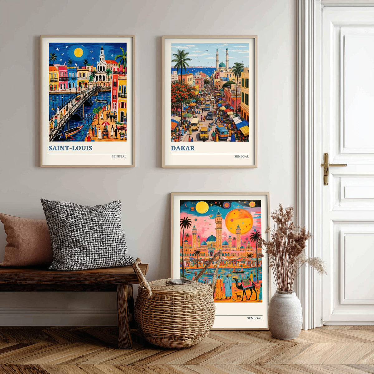 Senegal West Africa Set of Three Art Prints | Saint-Louis Dakar Touba | Vibrant Folk Art Travel Poster Painting Map