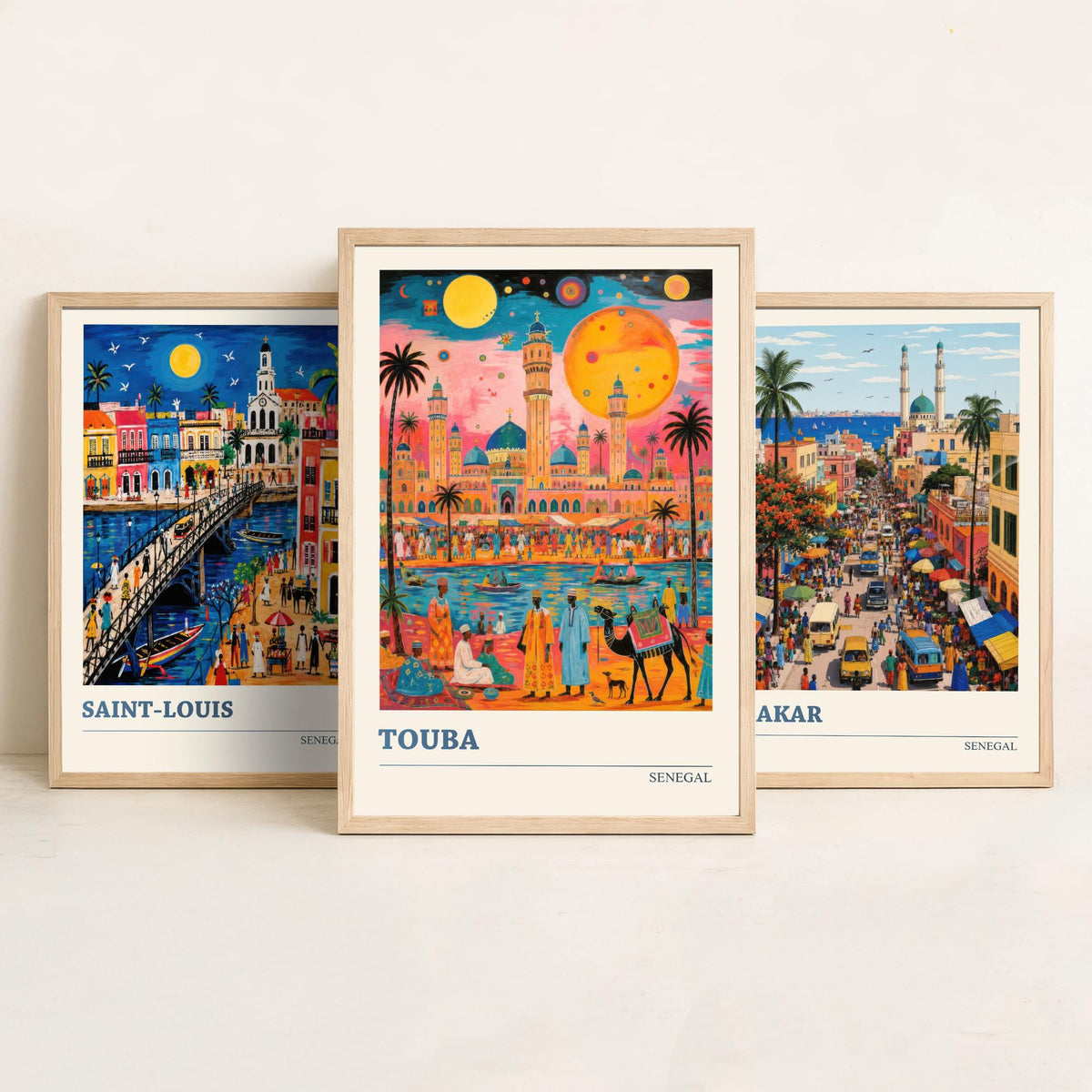 Senegal West Africa Set of Three Art Prints | Saint-Louis Dakar Touba | Vibrant Folk Art Travel Poster Painting Map