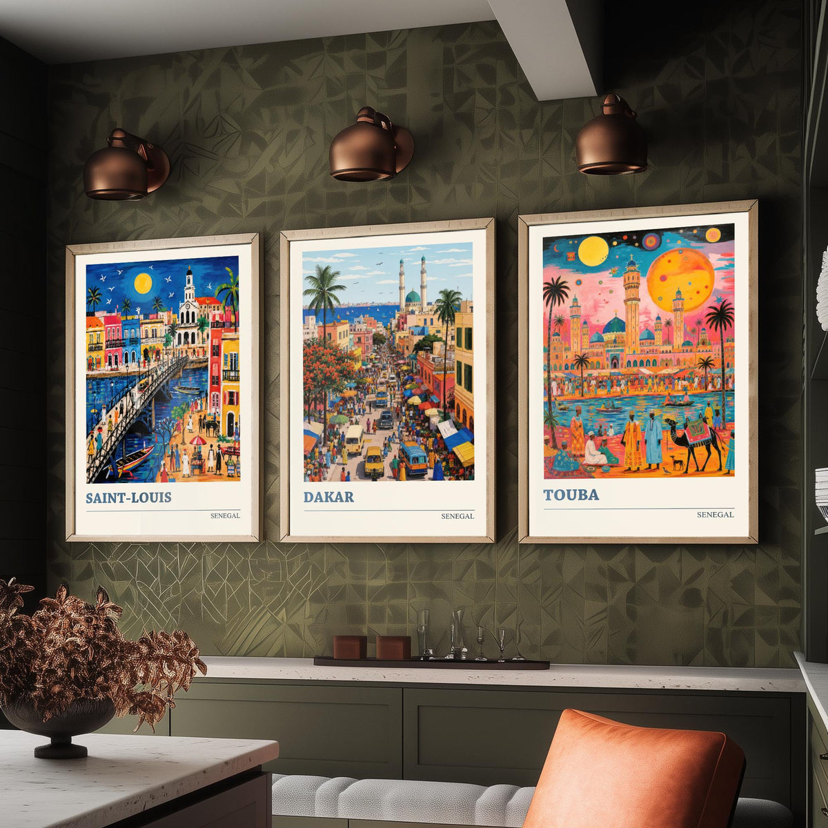 Senegal West Africa Set of Three Art Prints | Saint-Louis Dakar Touba | Vibrant Folk Art Travel Poster Painting Map