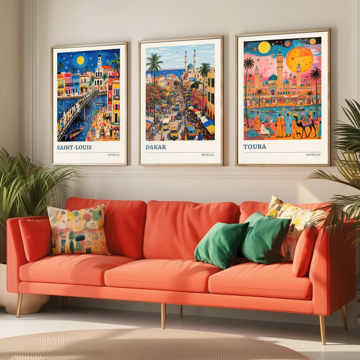 Senegal West Africa Set of Three Art Prints | Saint-Louis Dakar Touba | Vibrant Folk Art Travel Poster Painting Map
