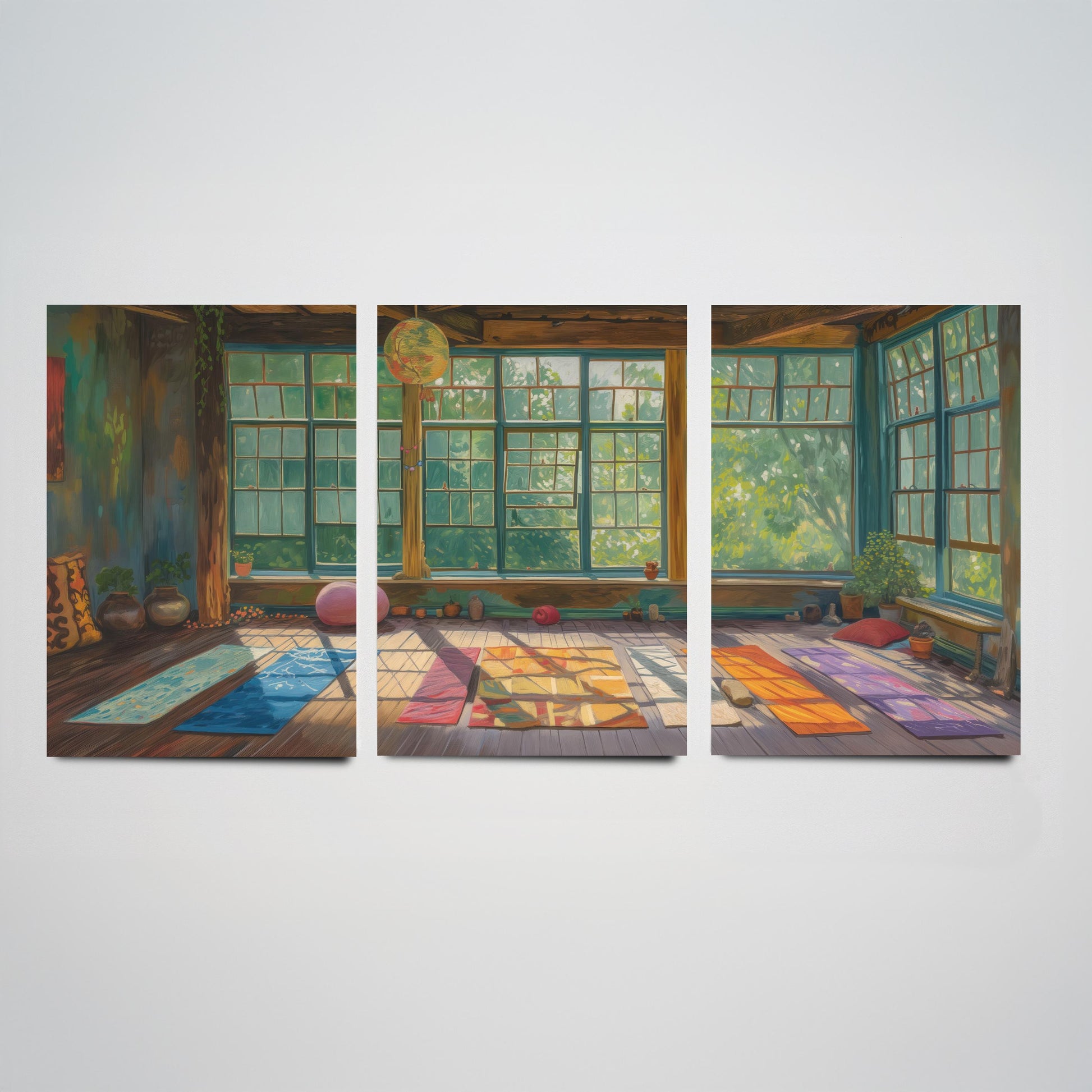 Serene Empty Yoga Studio Set of Three Art Prints - 3 Calm Meditation Posters - Painting Illustration Zen Wellness Decor Gift