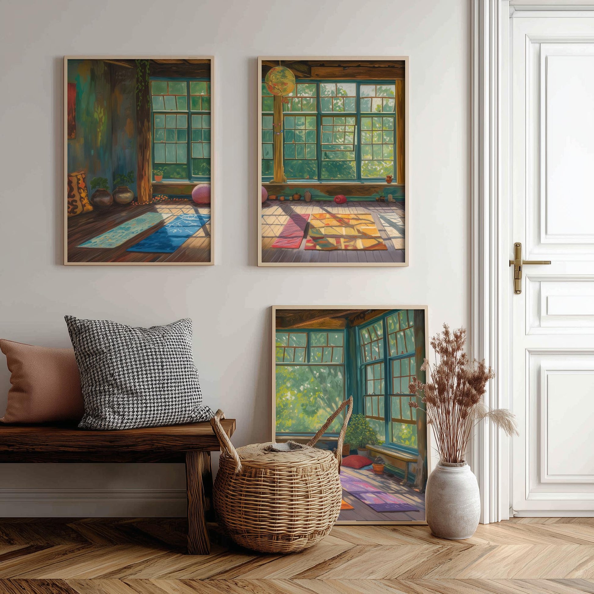 Serene Empty Yoga Studio Set of Three Art Prints - 3 Calm Meditation Posters - Painting Illustration Zen Wellness Decor Gift