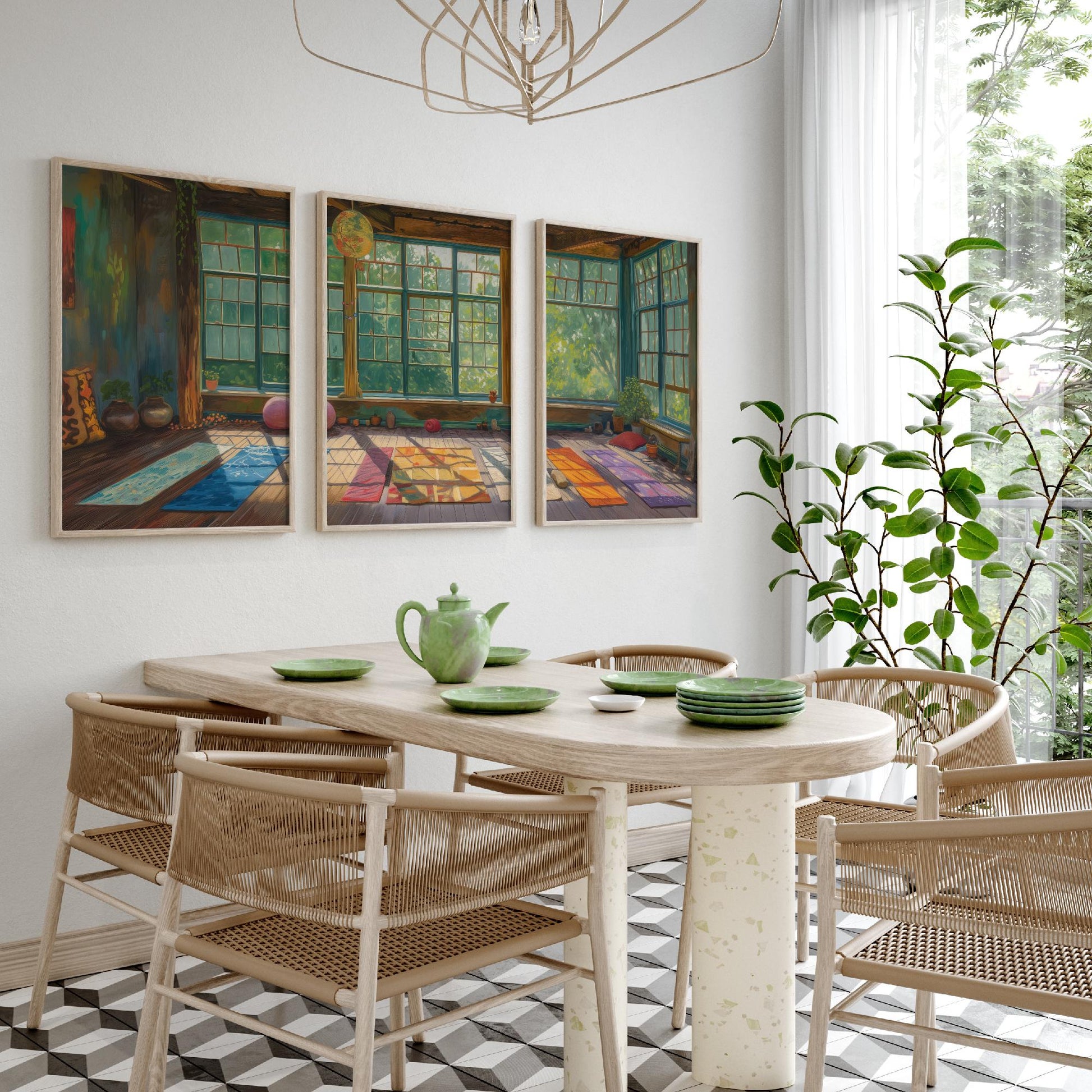 Serene Empty Yoga Studio Set of Three Art Prints - 3 Calm Meditation Posters - Painting Illustration Zen Wellness Decor Gift