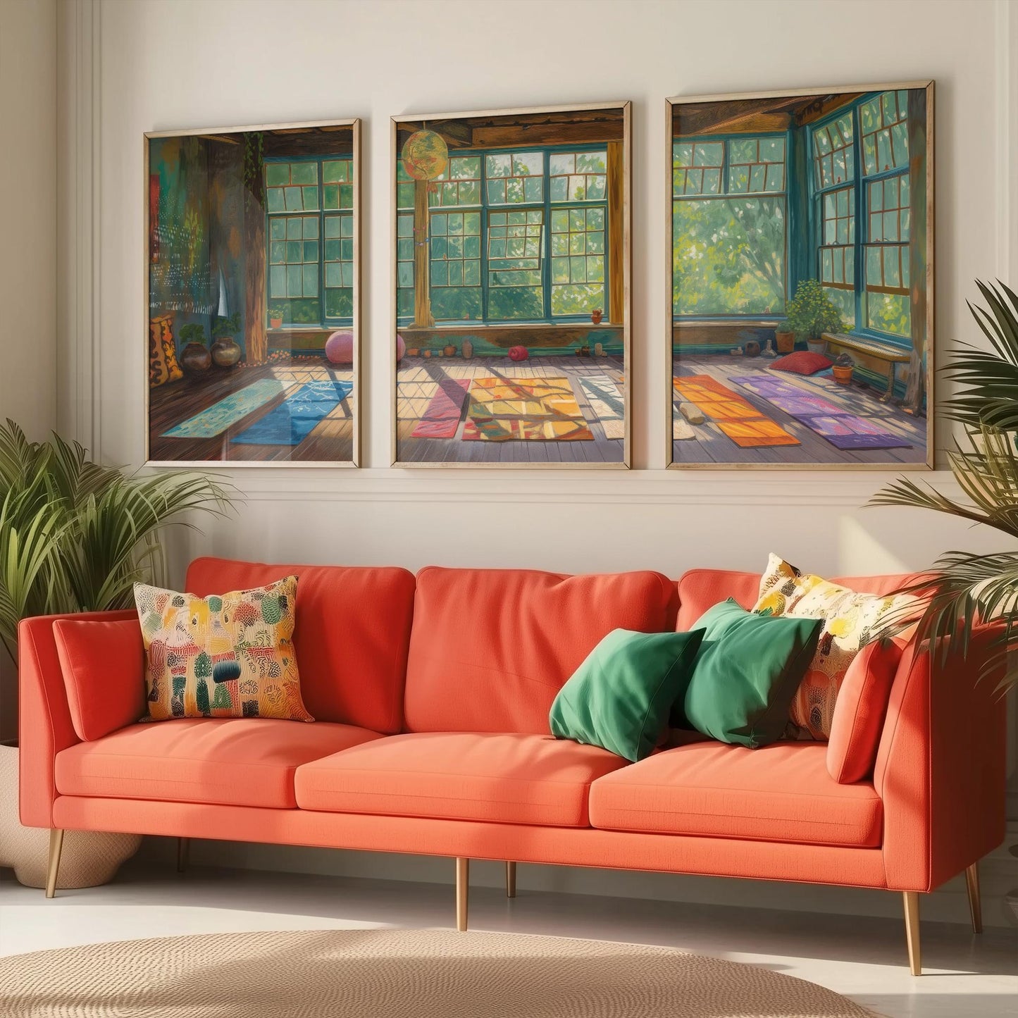 Serene Empty Yoga Studio Set of Three Art Prints - 3 Calm Meditation Posters - Painting Illustration Zen Wellness Decor Gift
