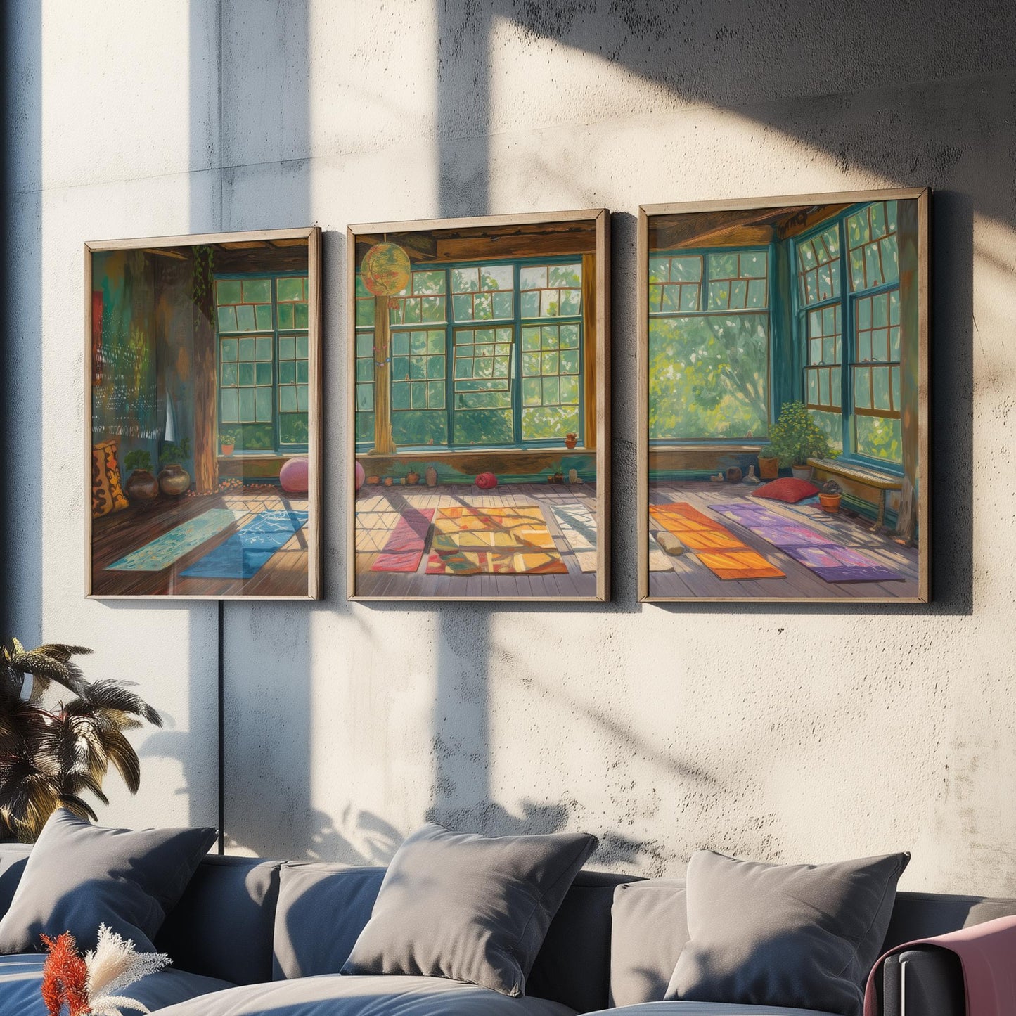 Serene Empty Yoga Studio Set of Three Art Prints - 3 Calm Meditation Posters - Painting Illustration Zen Wellness Decor Gift