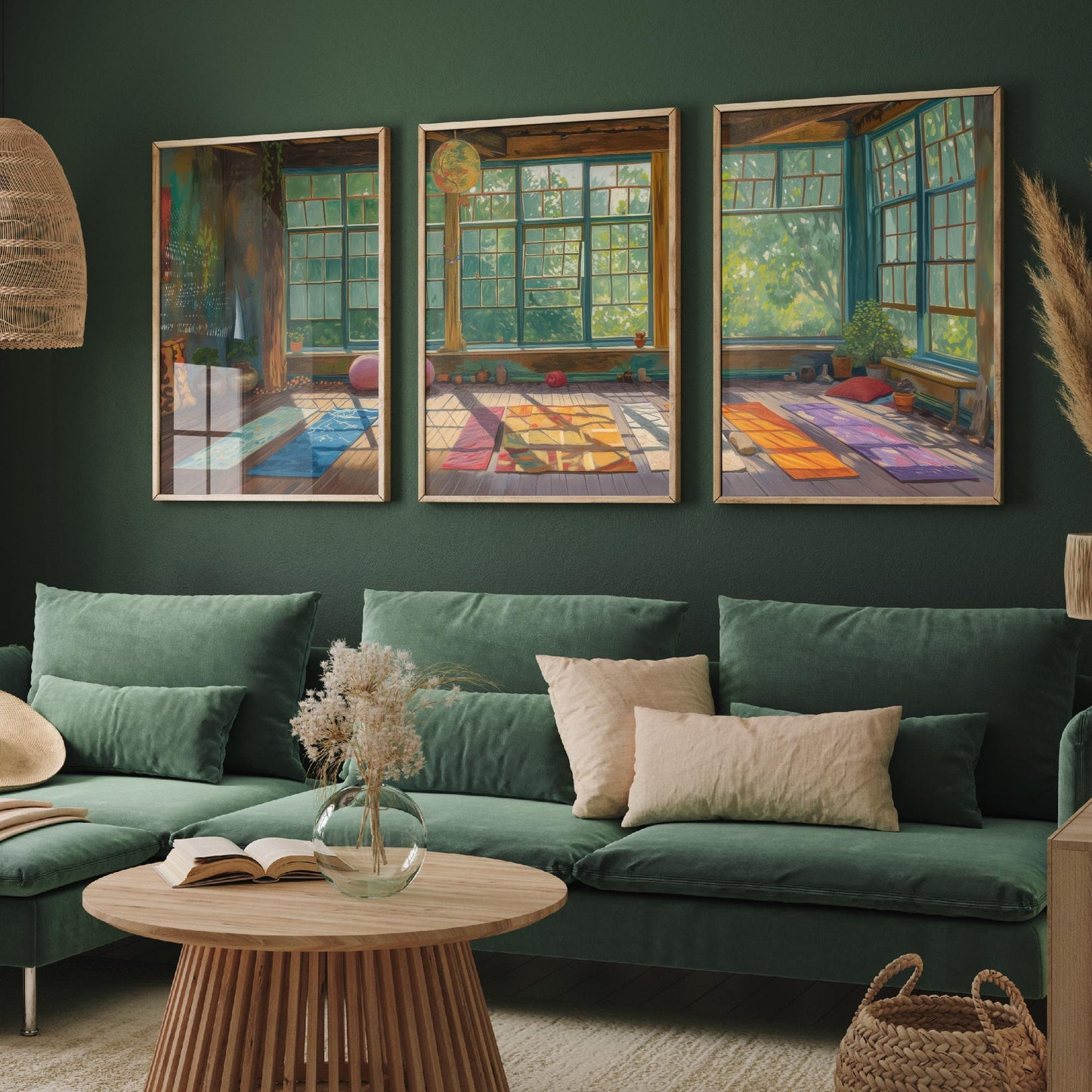 Serene Empty Yoga Studio Set of Three Art Prints - 3 Calm Meditation Posters - Painting Illustration Zen Wellness Decor Gift