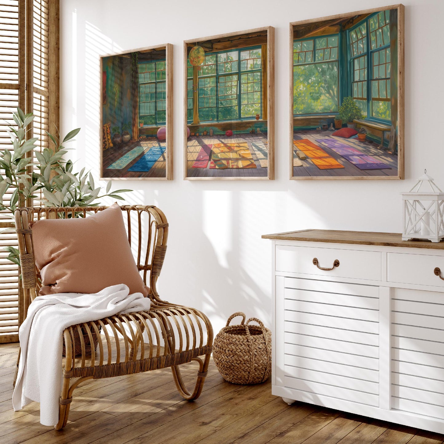Serene Empty Yoga Studio Set of Three Art Prints - 3 Calm Meditation Posters - Painting Illustration Zen Wellness Decor Gift