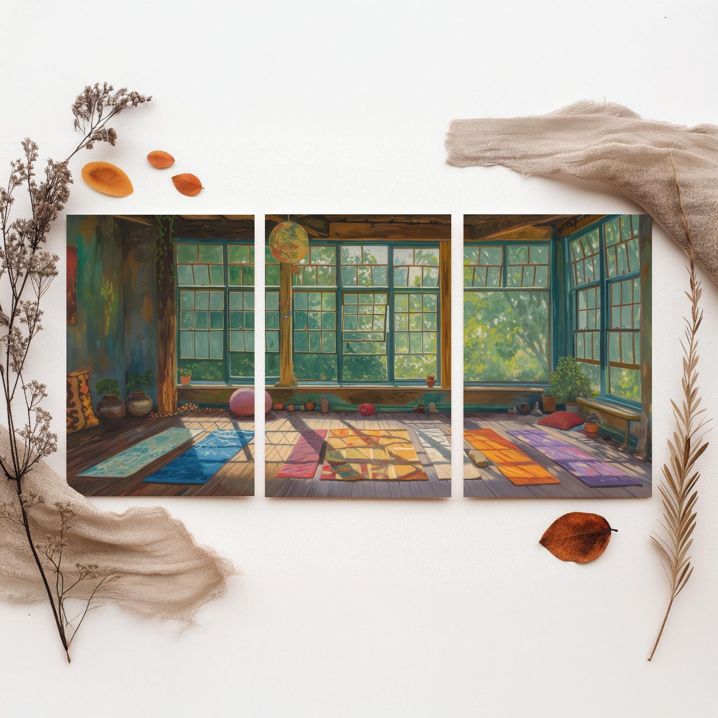 Serene Empty Yoga Studio Set of Three Art Prints - 3 Calm Meditation Posters - Painting Illustration Zen Wellness Decor Gift