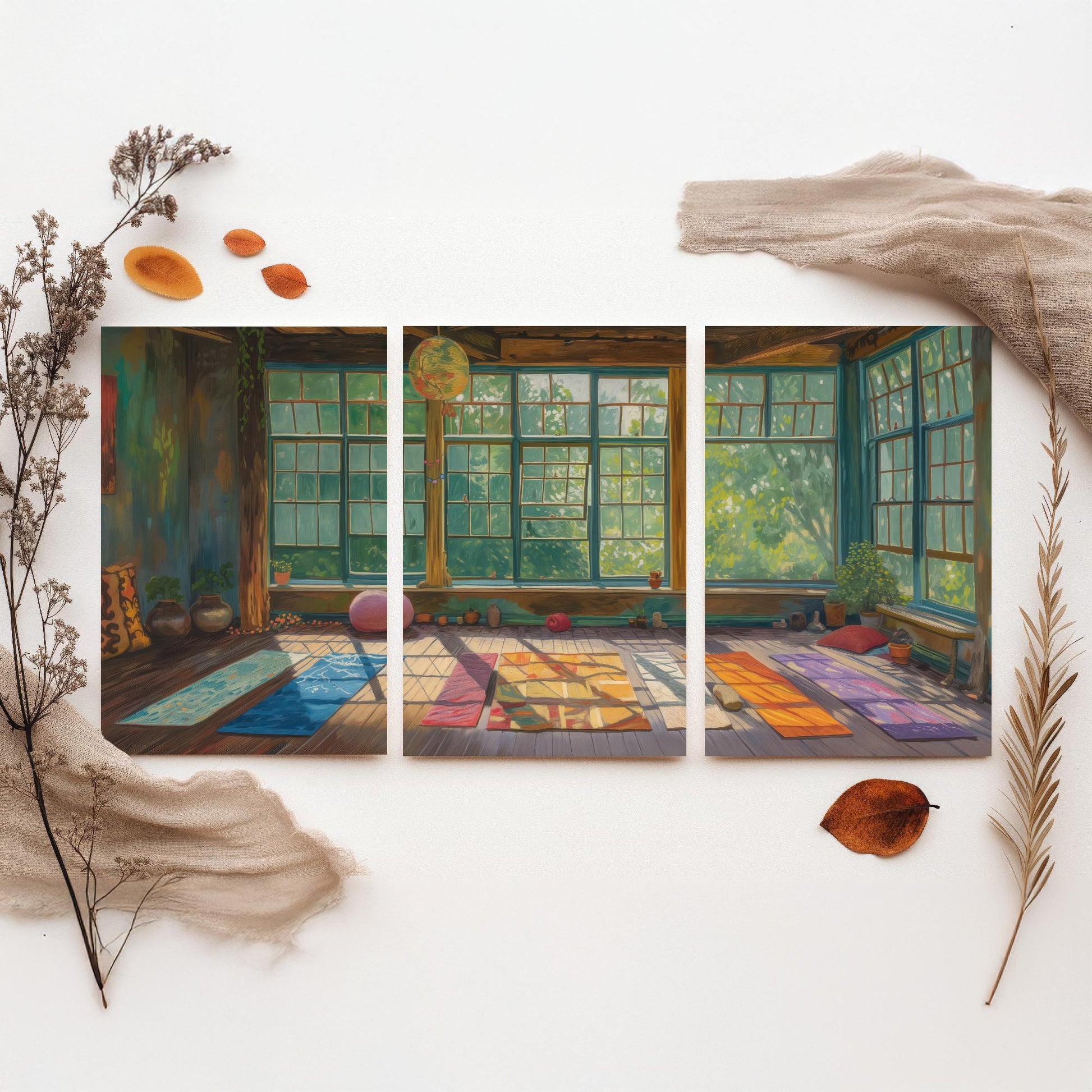 Serene Empty Yoga Studio Set of Three Art Prints - 3 Calm Meditation Posters - Painting Illustration Zen Wellness Decor Gift