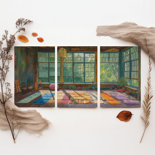 Serene Empty Yoga Studio Set of Three Art Prints - 3 Calm Meditation Posters - Painting Illustration Zen Wellness Decor Gift