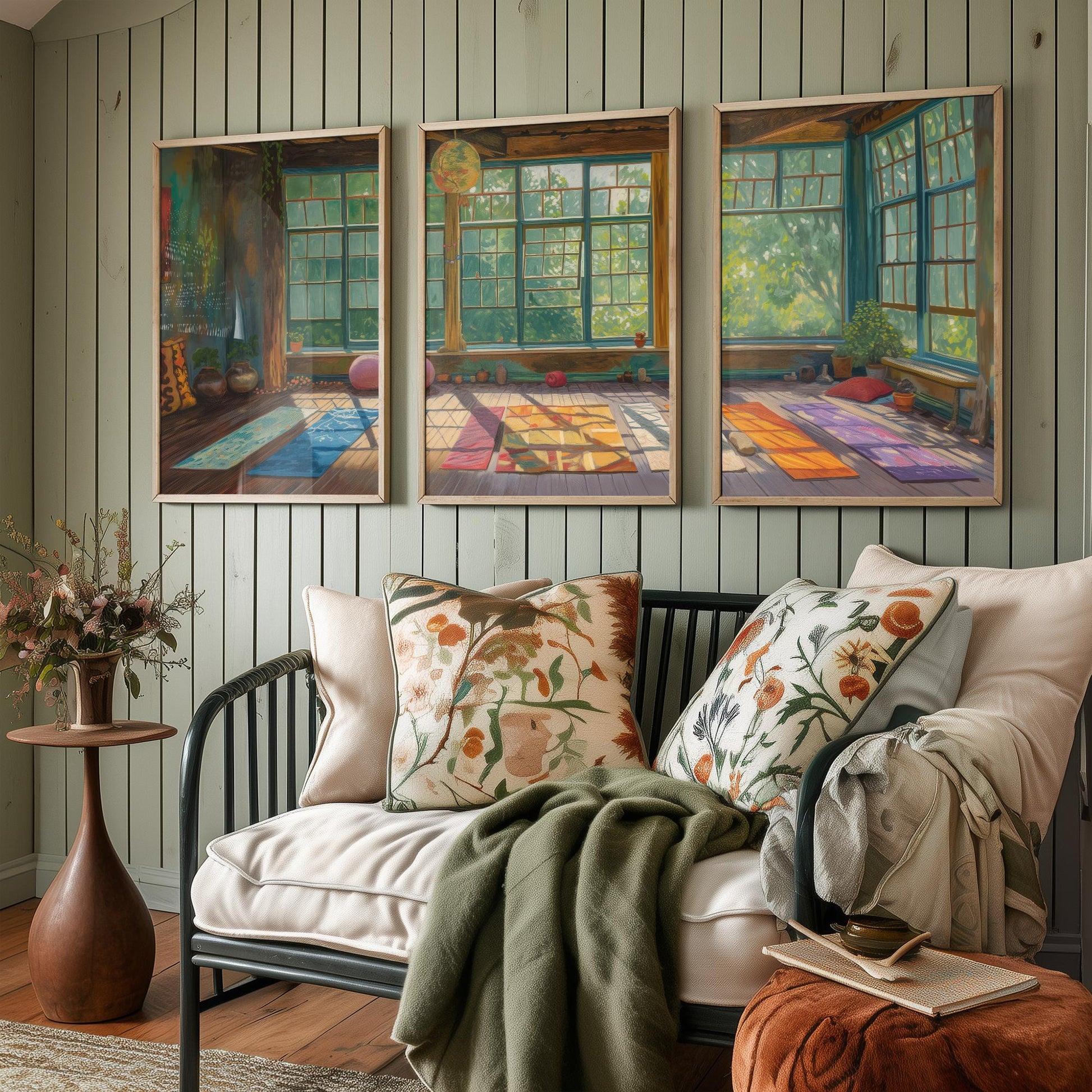 Serene Empty Yoga Studio Set of Three Art Prints - 3 Calm Meditation Posters - Painting Illustration Zen Wellness Decor Gift